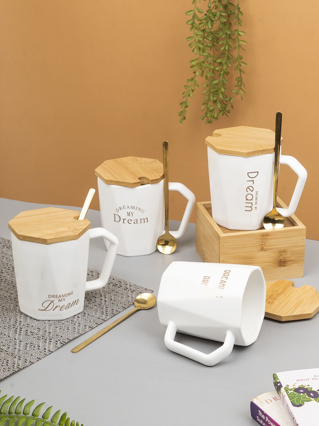 MARKET99 White & Brown Printed Ceramic Glossy Mug with Lid & Spoon Price in India