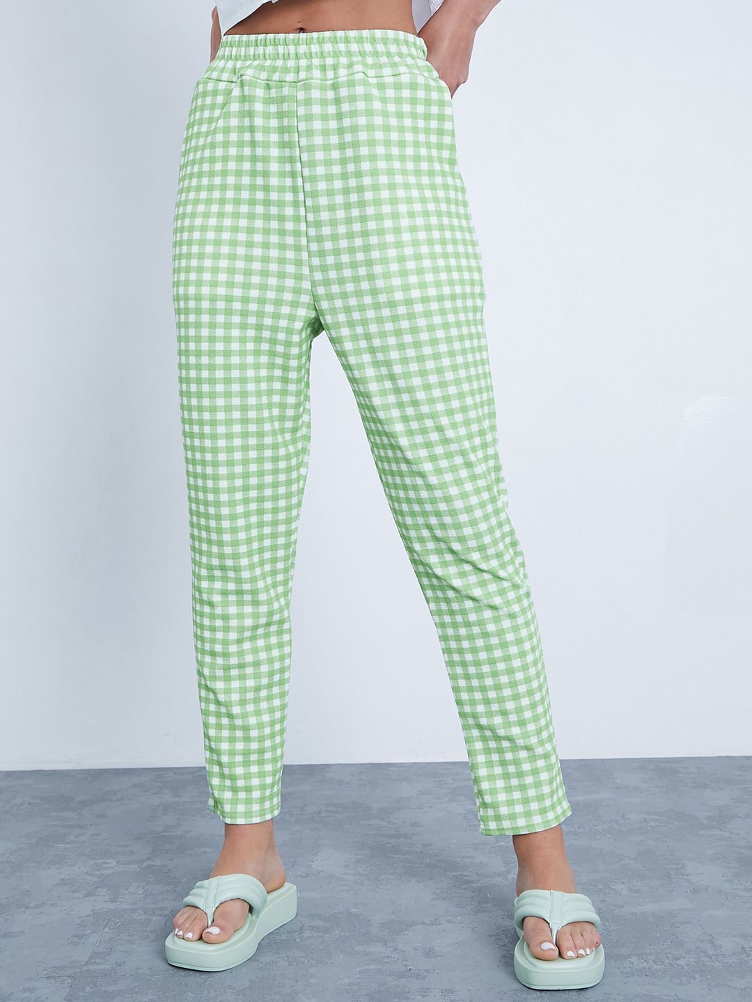 I Saw It First Women Green & White Slim Fit Checked Trousers Price in India