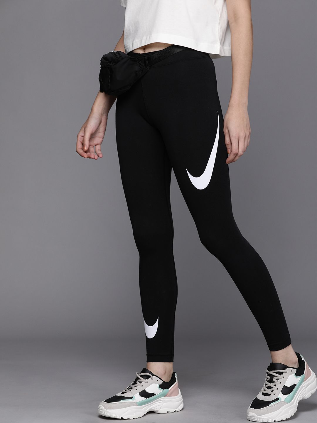 Nike Women Black Brand Logo Printed Leg-A-See Swoosh Tights Price in India