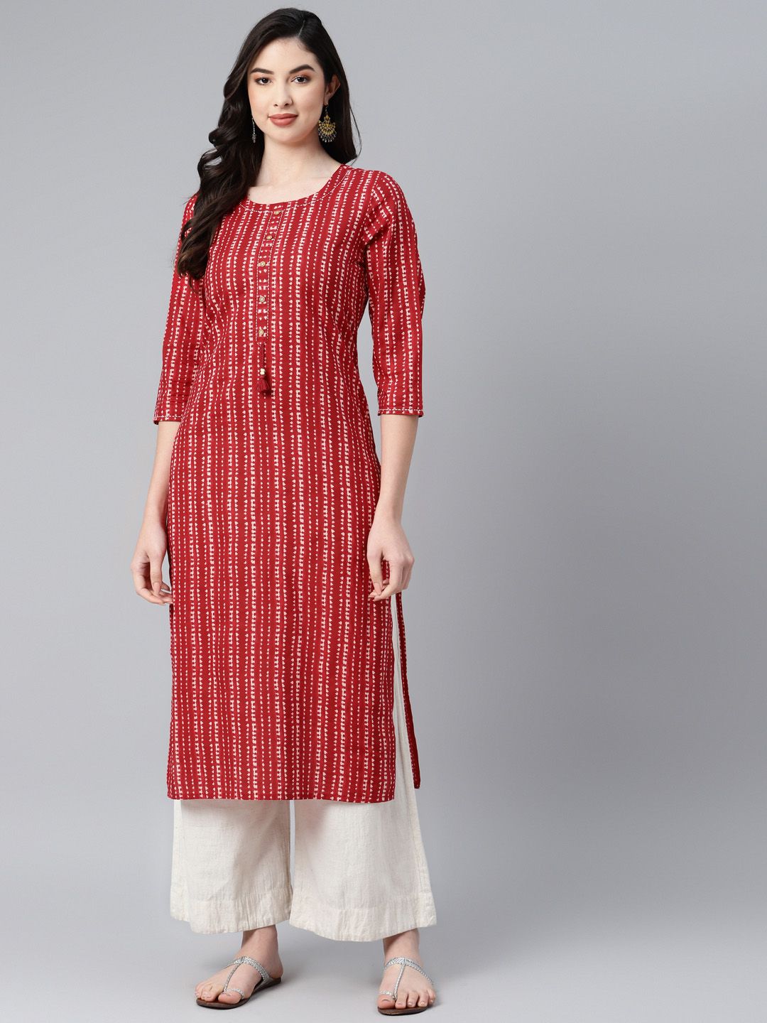 PIROH Women Red & White Bandhani Printed Pure Cotton Kurta Price in India