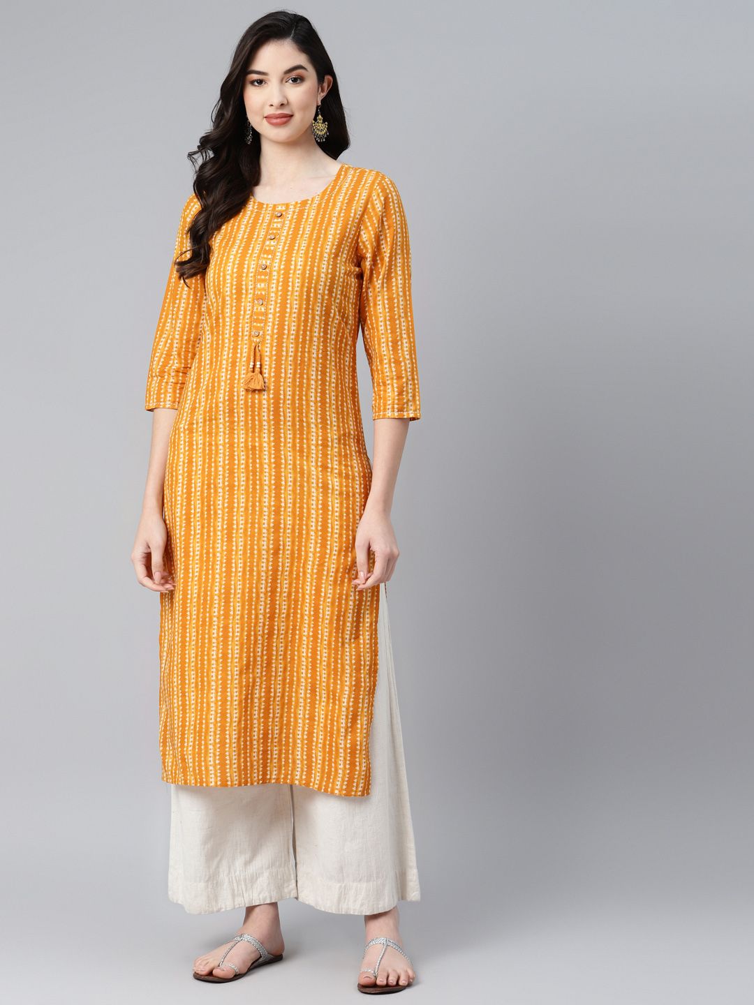 PIROH Women Mustard Yellow & White Bandhani Printed Pure Cotton Kurta Price in India