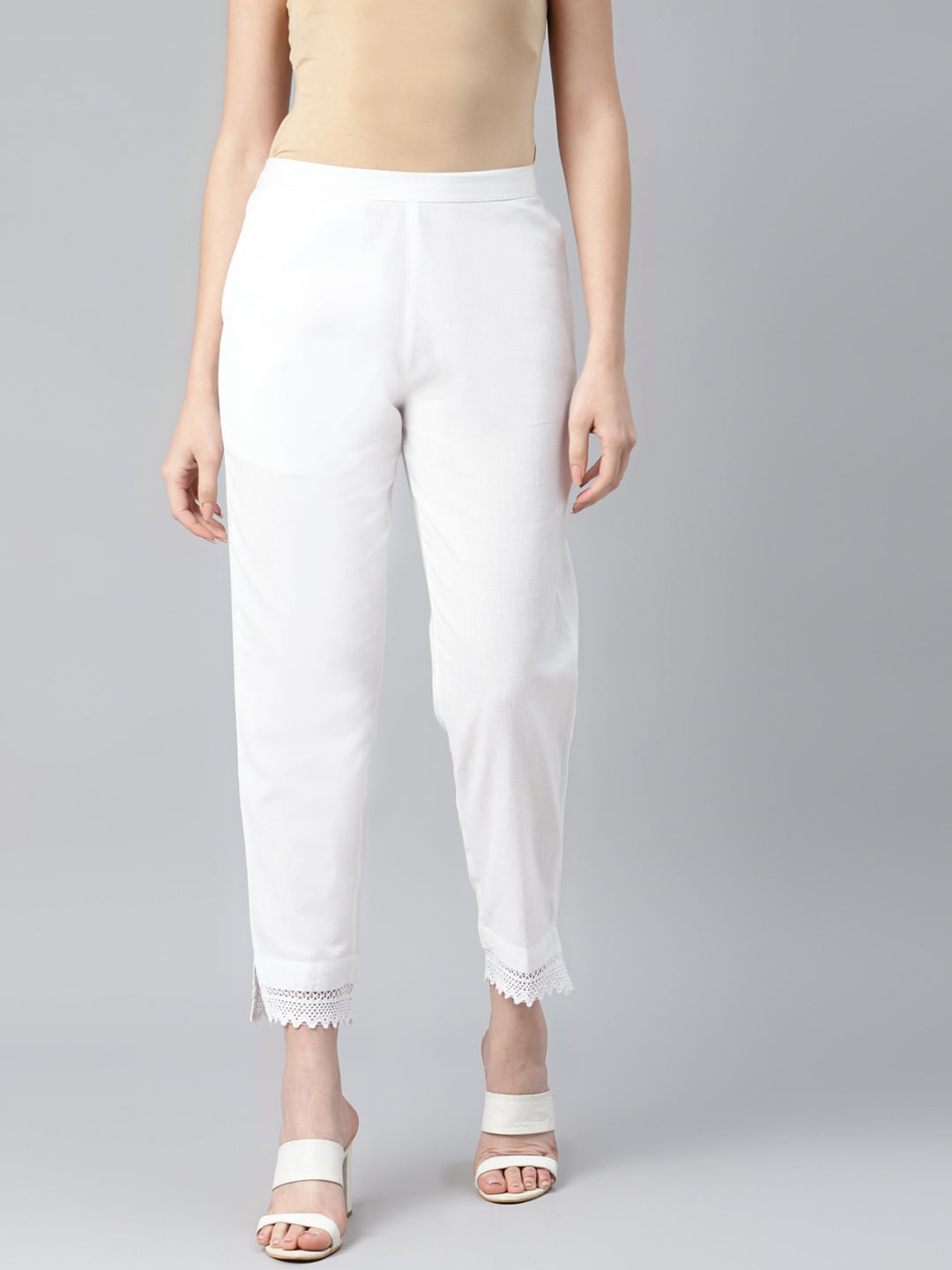 PIROH Women White Solid Pure Cotton Straight Fit Trousers Price in India