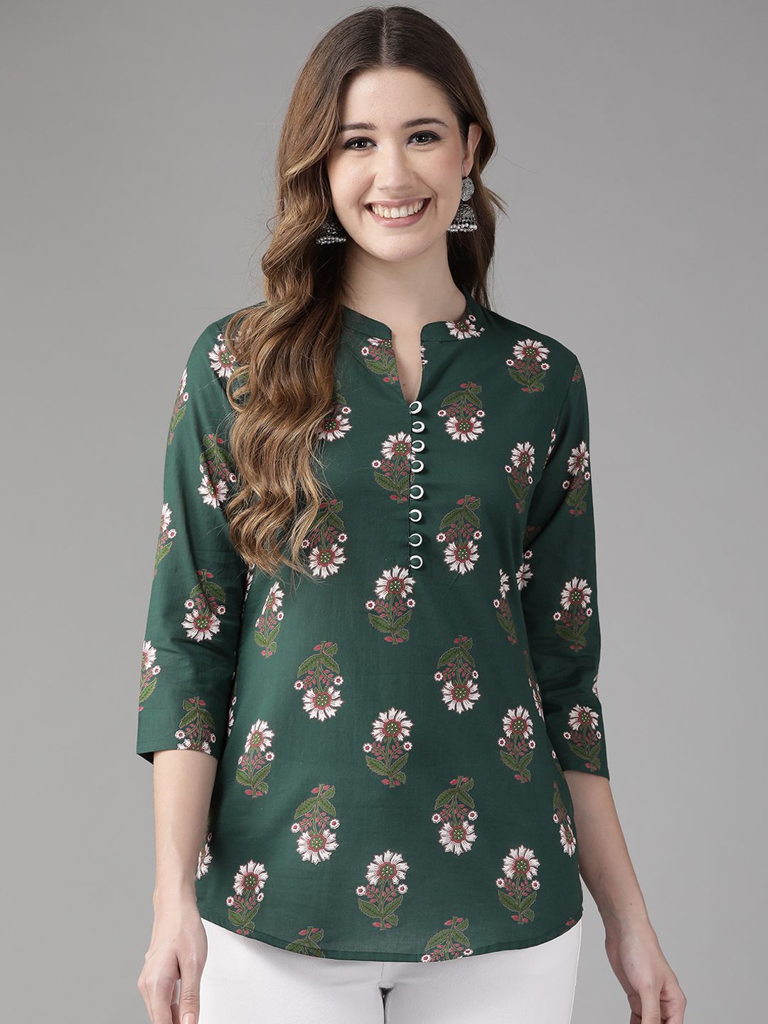 Yufta Green Floral Print Mandarin Collar Cotton Top