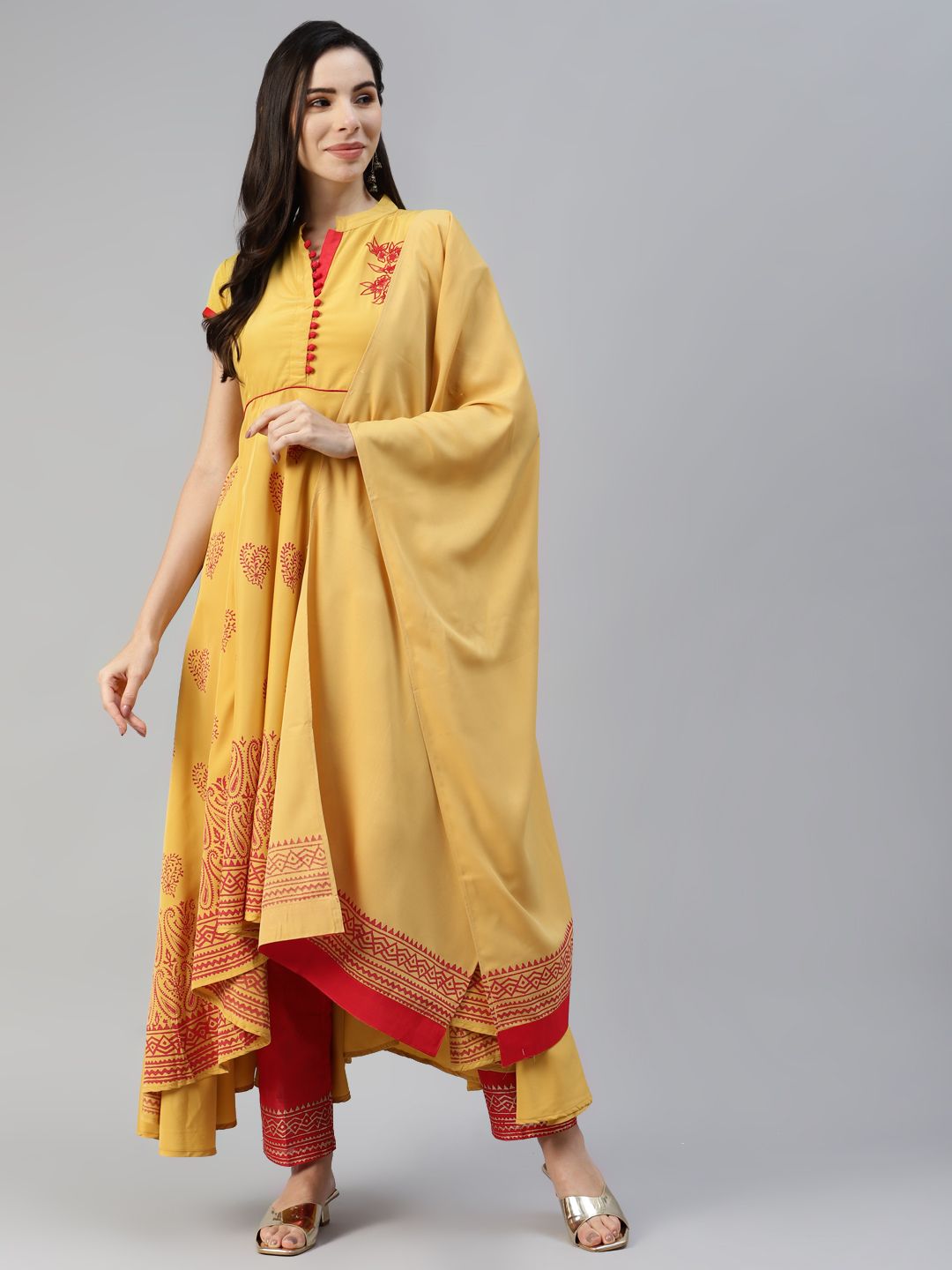 MBE Women Yellow Ethnic Motifs Printed Kurta with Trousers & With Dupatta Price in India