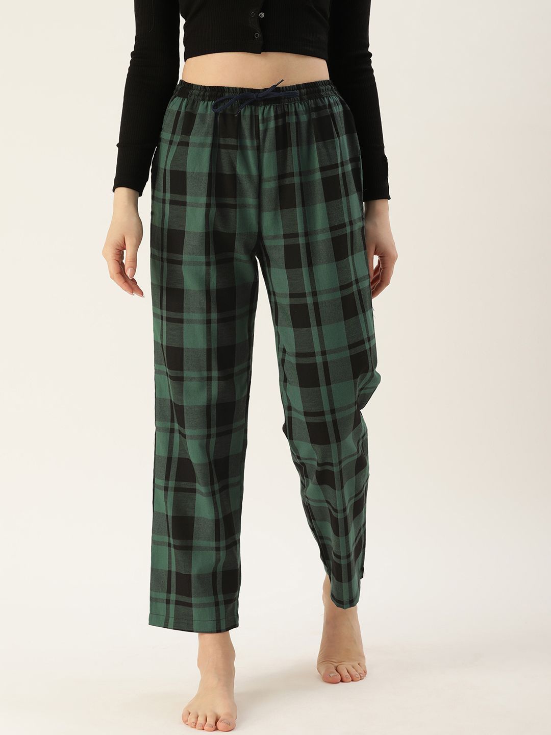 Kryptic Women Green & Black Checked Lounge Pants Price in India