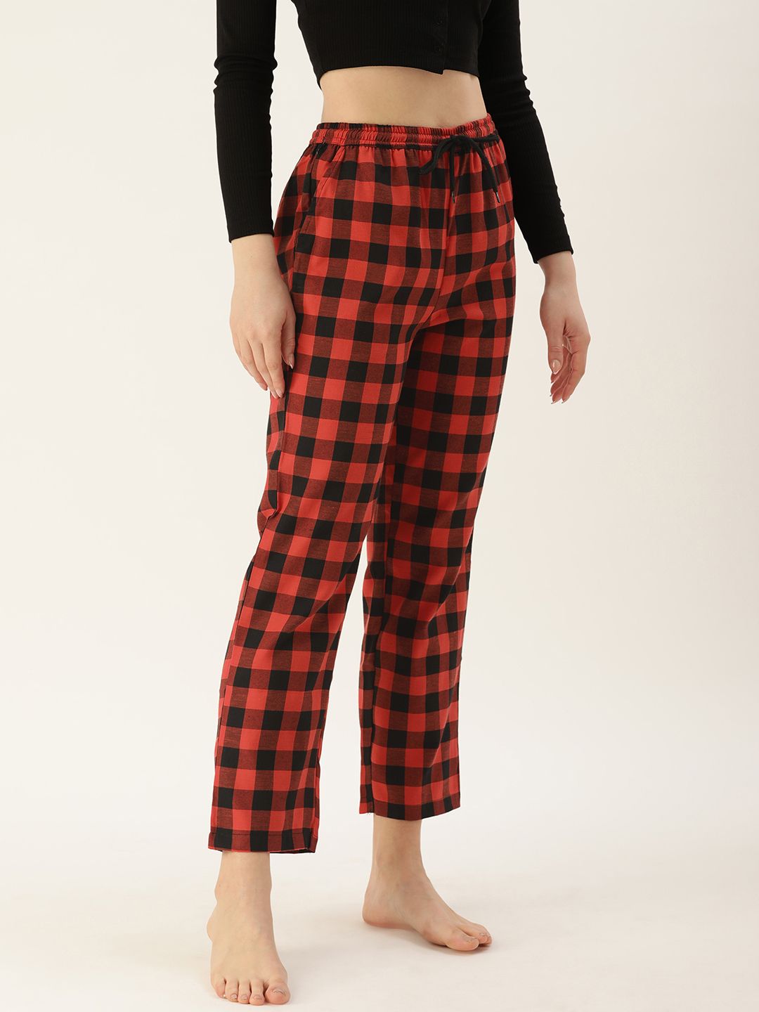 Kryptic Women Red & Black Pure Cotton Checked Lounge Pants Price in India