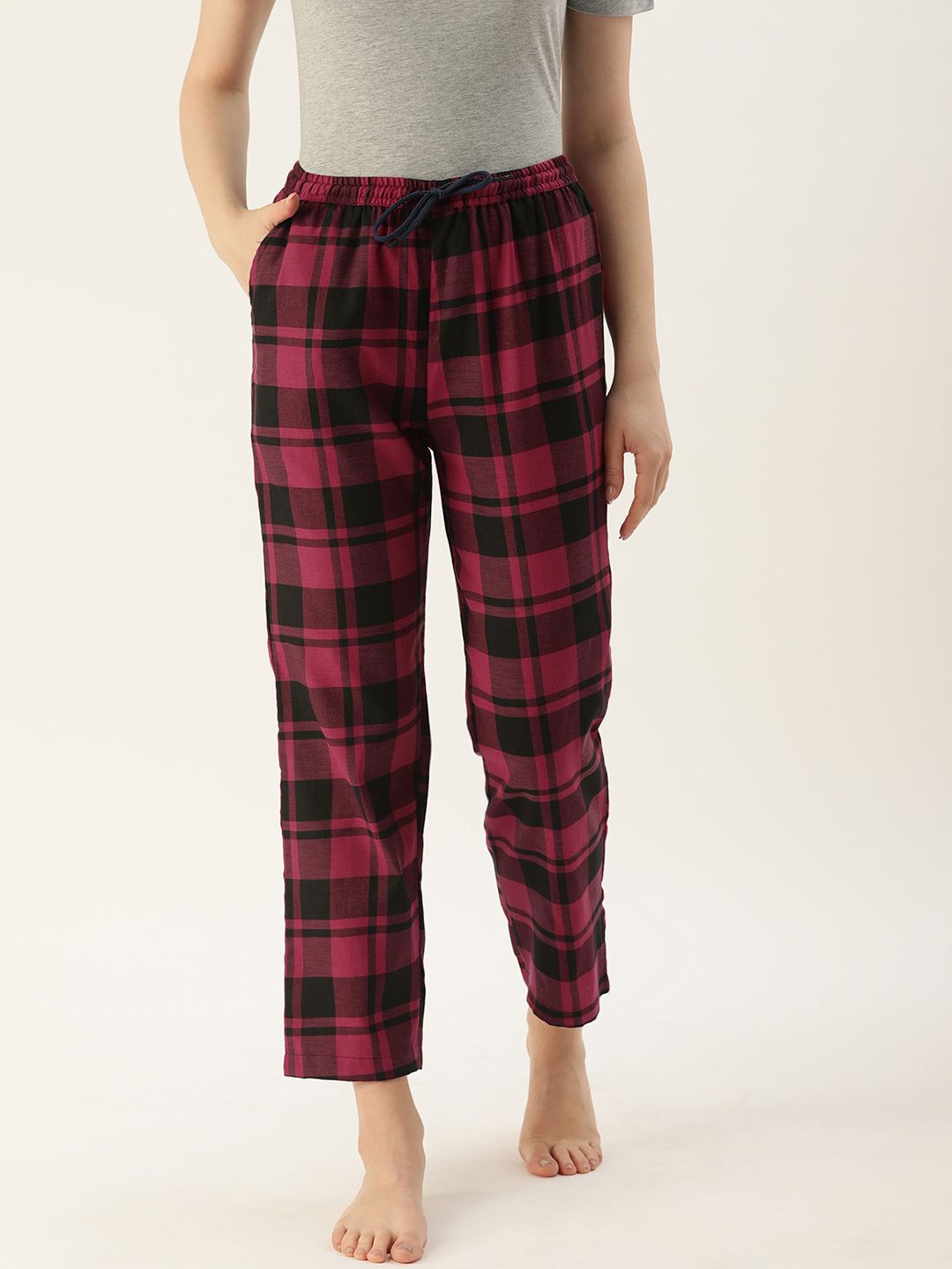 Kryptic Women Maroon & Peach-Coloured Checked Pure Cotton Lounge Pants Price in India