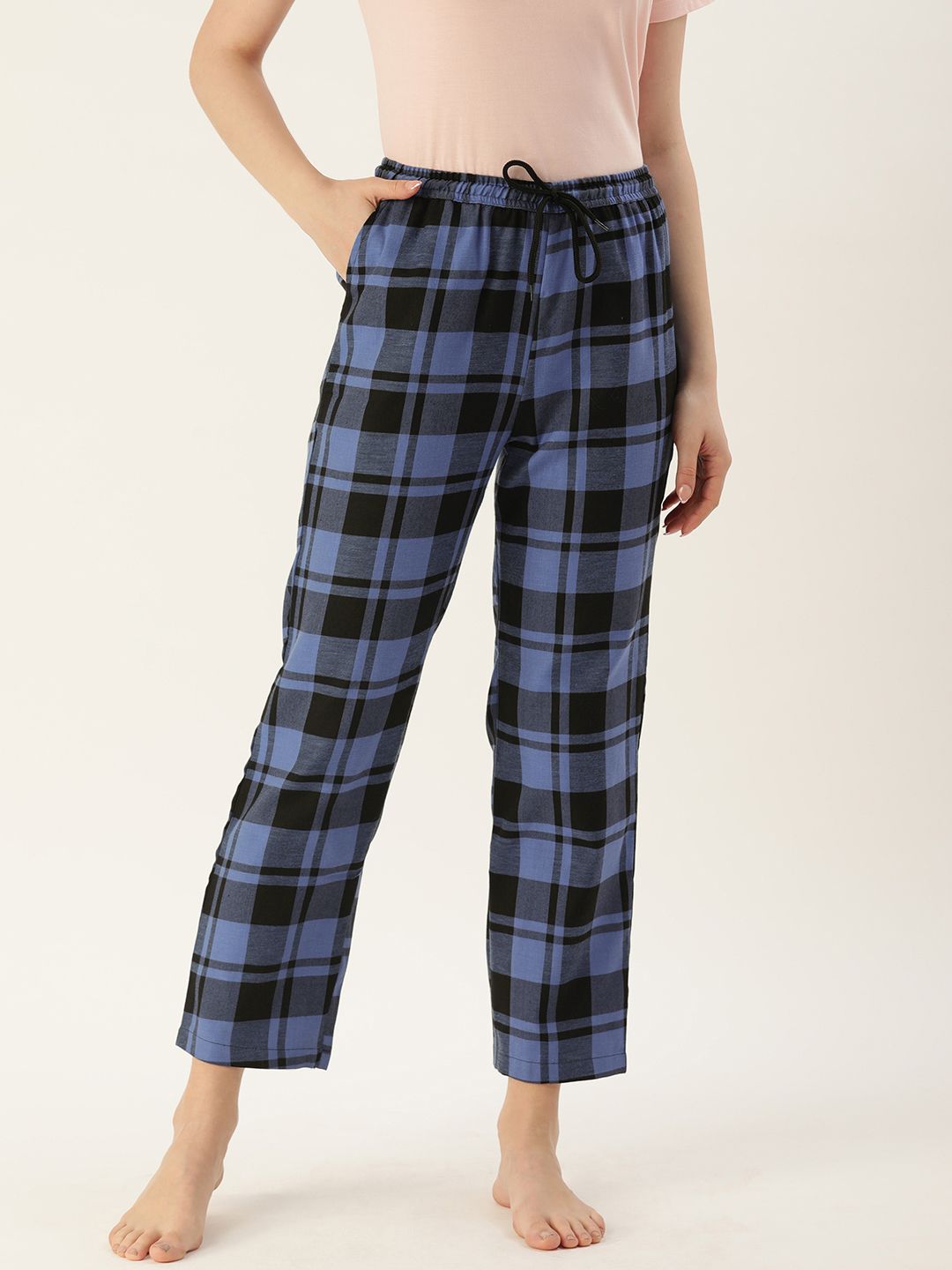 Kryptic Women Blue & Black Checked Pure Cotton Lounge Pants Price in India