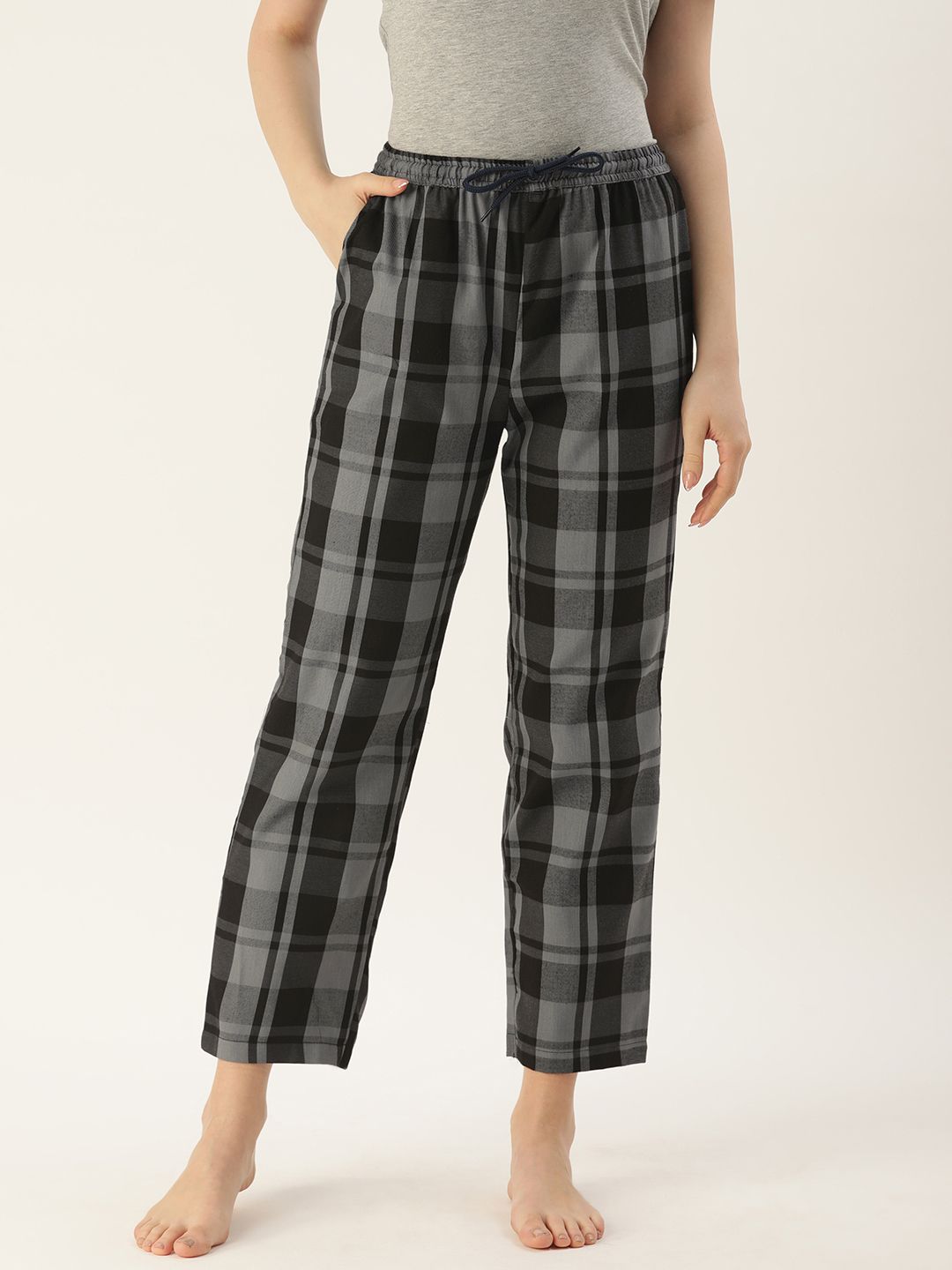 Kryptic Women Grey & Black Checked Lounge Pants Price in India