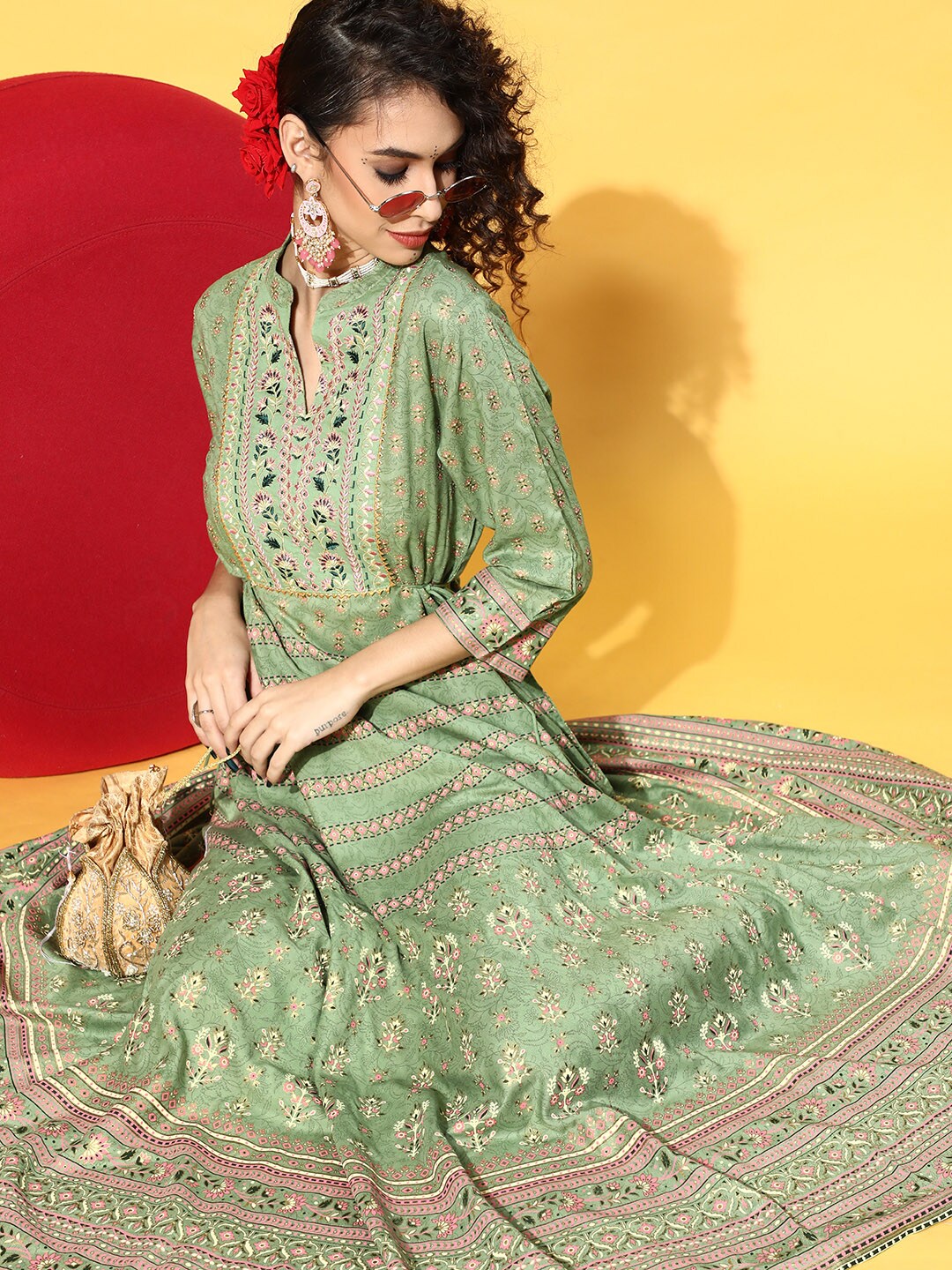 Juniper Women Gorgeous Green Ethnic Motifs Swirling Volume Dress Price in India