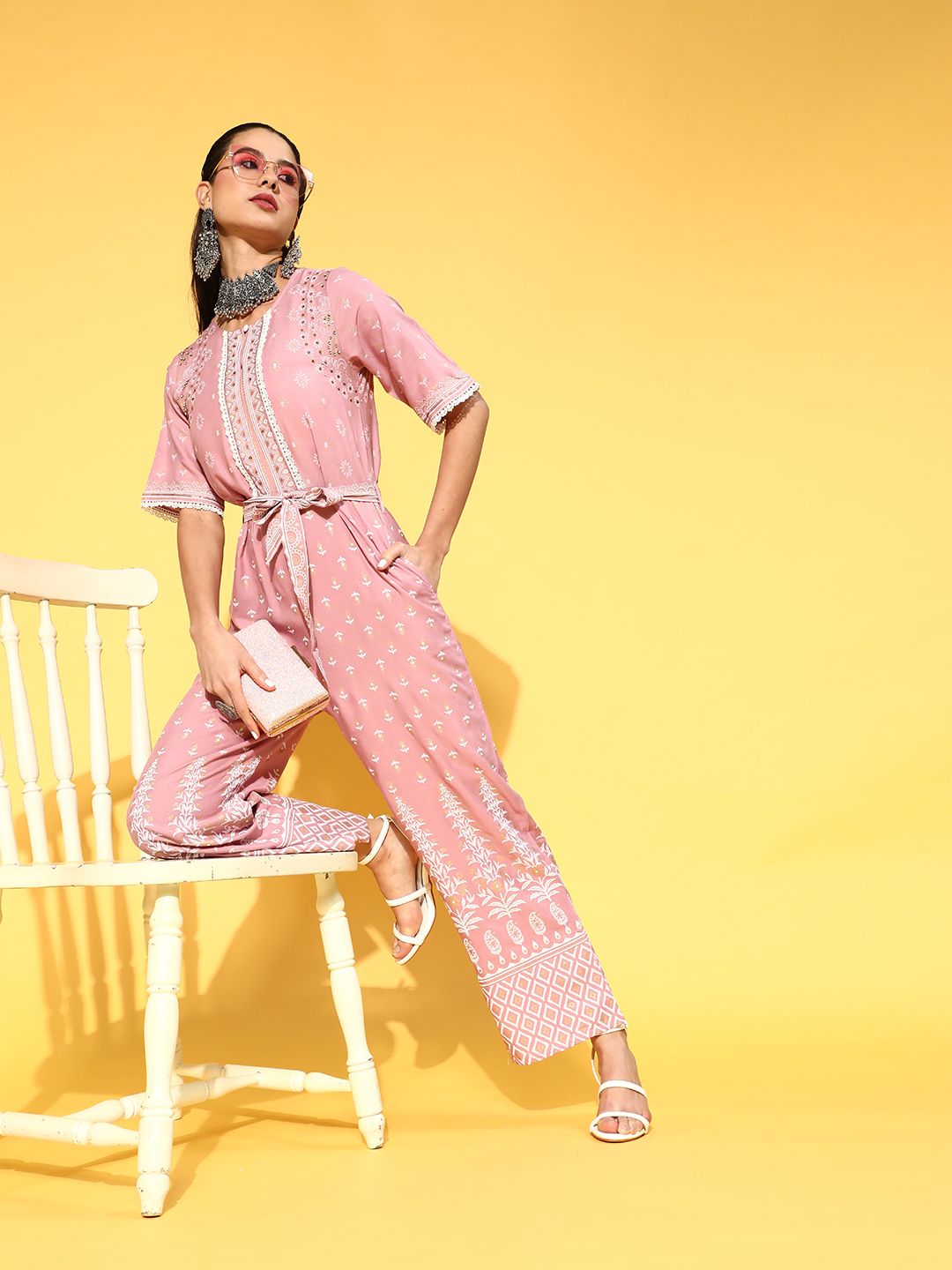 Juniper Women Pretty Pink Printed Elevated Bottom Jumpsuit Price in India
