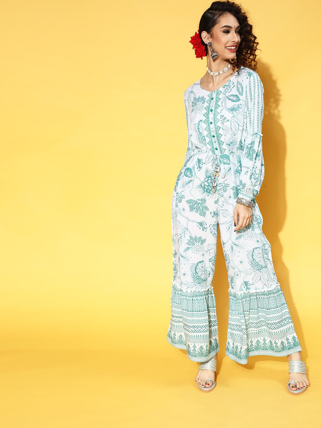 Juniper Women Gorgeous Green Printed Elevated Bottom Jumpsuit Price in India