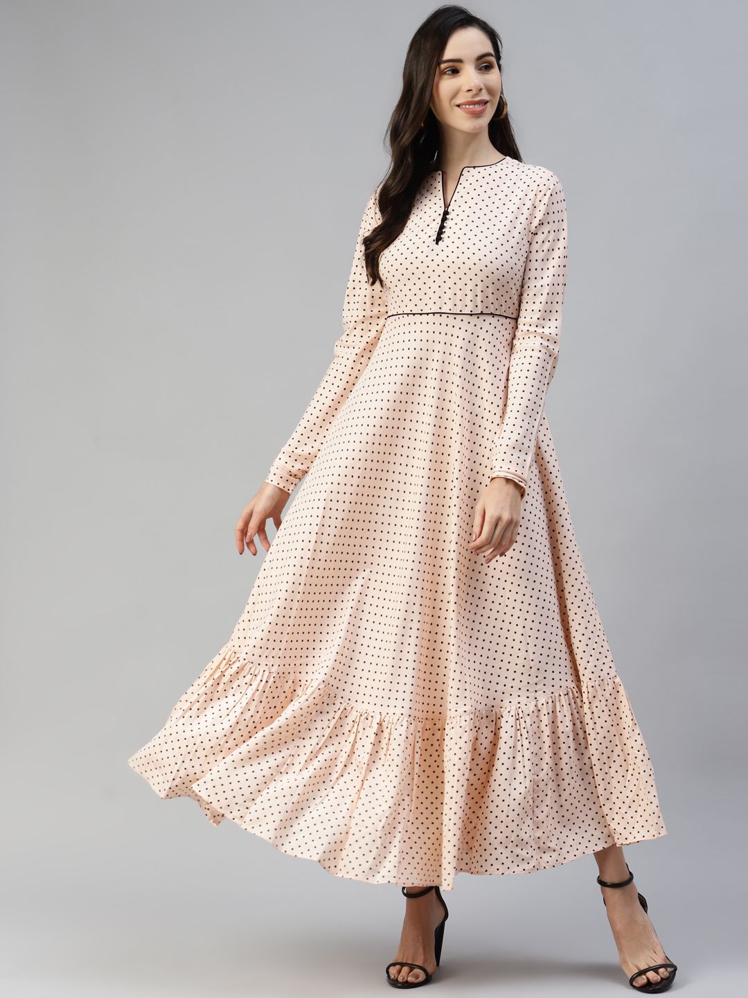 MBE Peach-Coloured & Black Polka Dots Printed Ethnic Maxi Dress Price in India