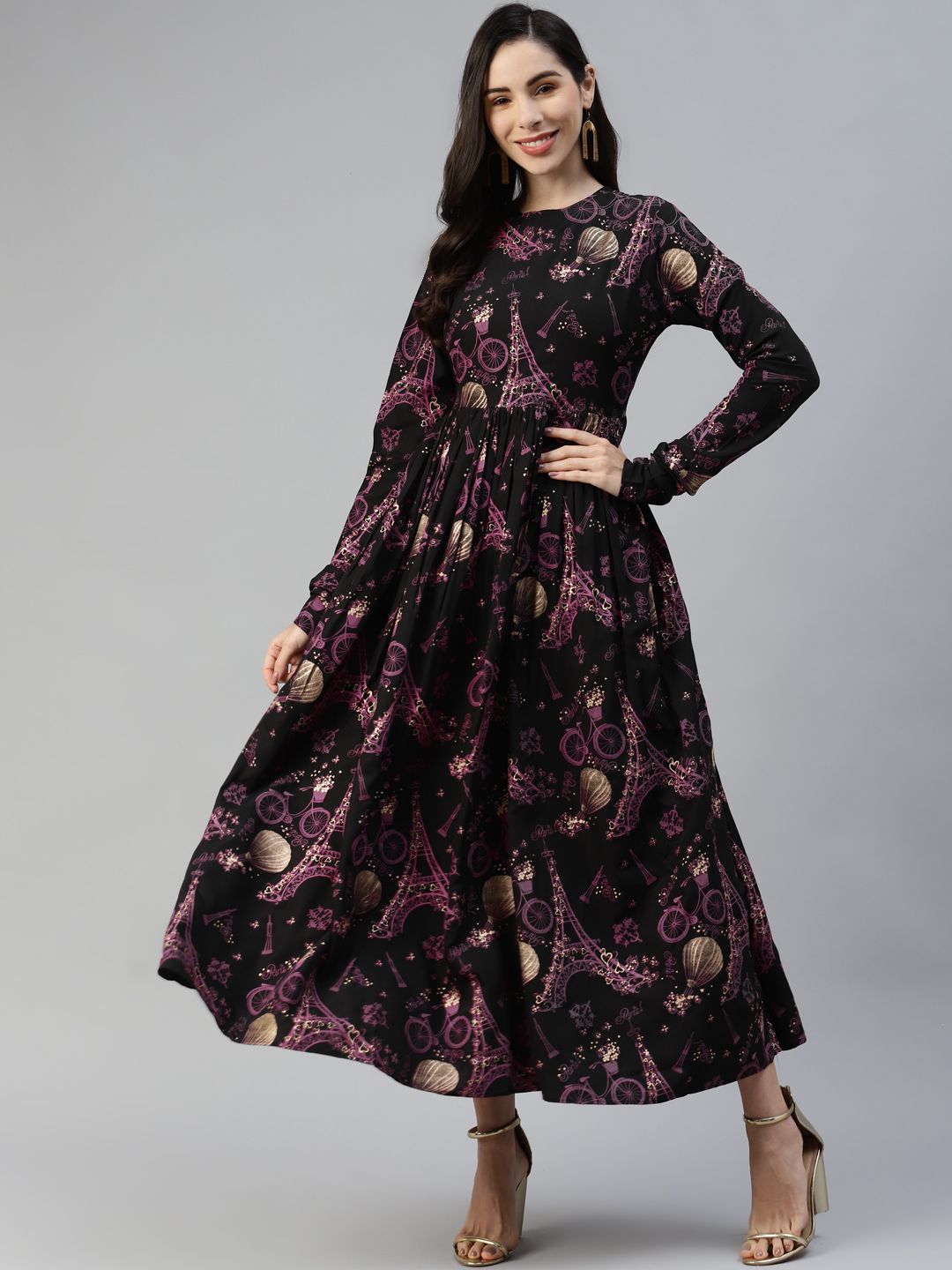 MBE Women Black & Purple Printed Ethnic Maxi Dress Price in India