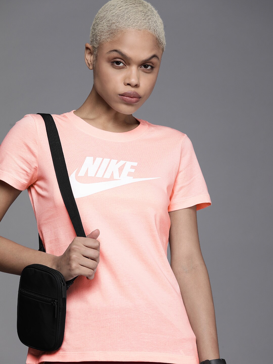 Nike Women Peach-Coloured & White Brand Logo Printed Pure Cotton Essential T-shirt