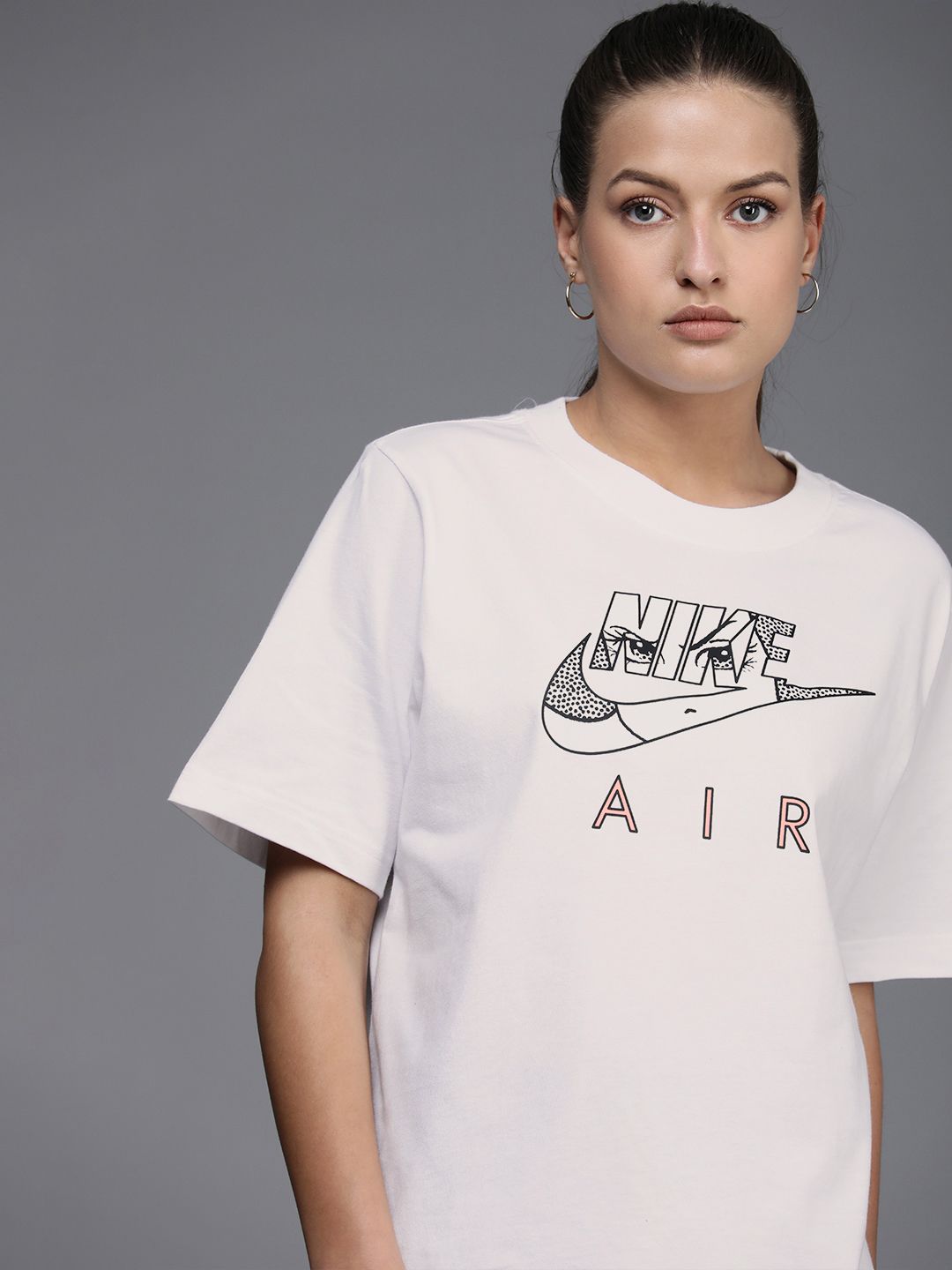 Nike Women White & Black Brand Logo Printed Pure Cotton Extended Sleeves Boxy T-shirt Price in India