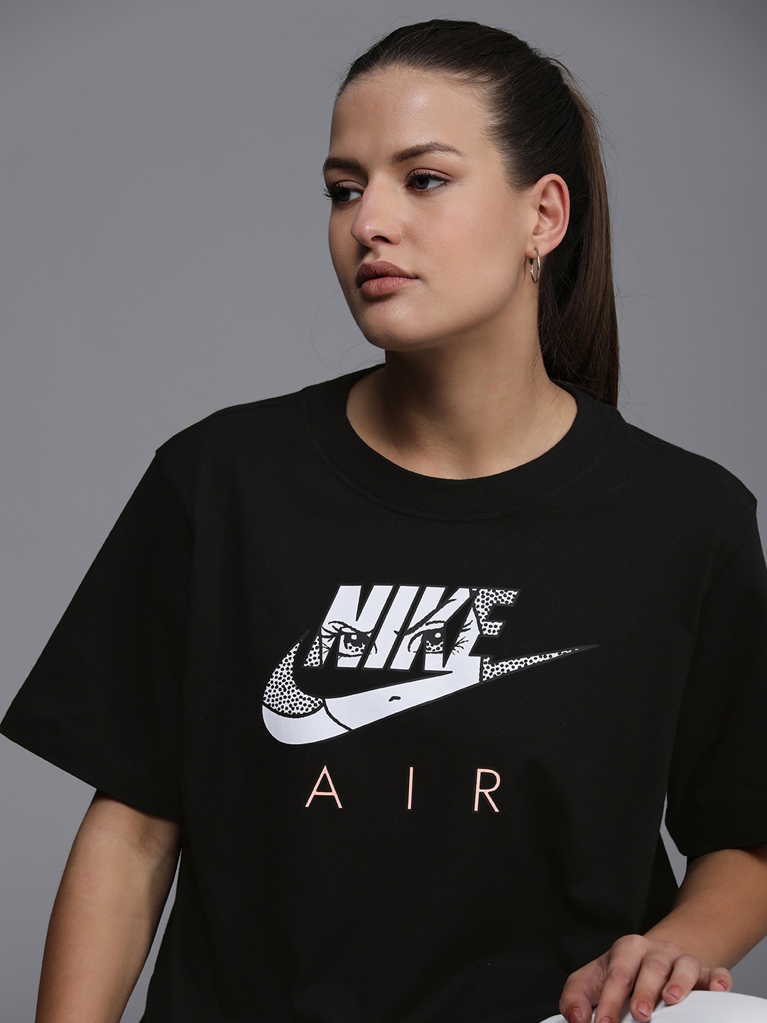 Nike Women Black & White Brand Logo Printed Pure Cotton Extended Sleeves Boxy T-shirt Price in India