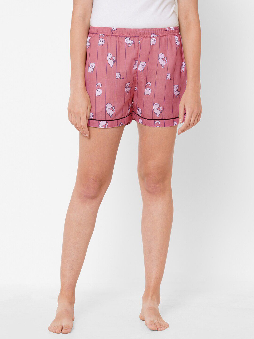 NOIRA Women Pink & White Printed Cotton Lounge Shorts Price in India