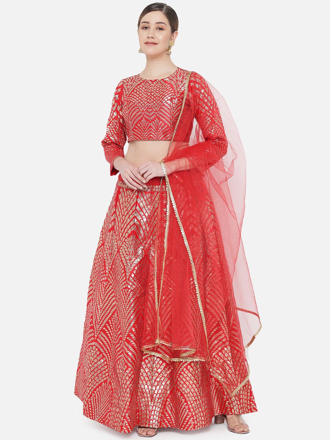 DIVASTRI Red & Gold-Toned Ready to Wear Lehenga & Unstitched Blouse With Dupatta Price in India