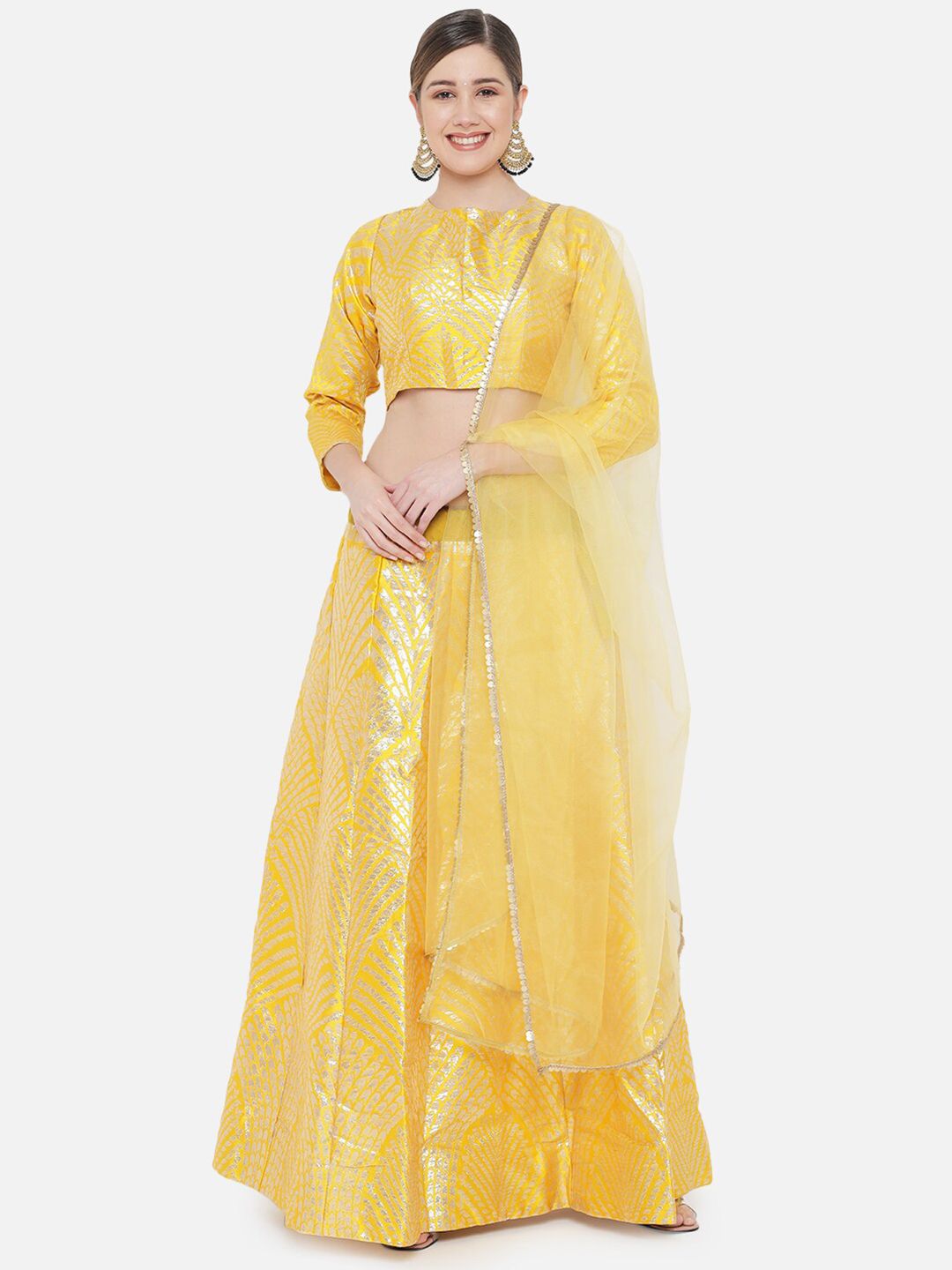 DIVASTRI Yellow & Gold Woven Design Ready to Wear Lehenga & Unstitched Choli With Dupatta Price in India