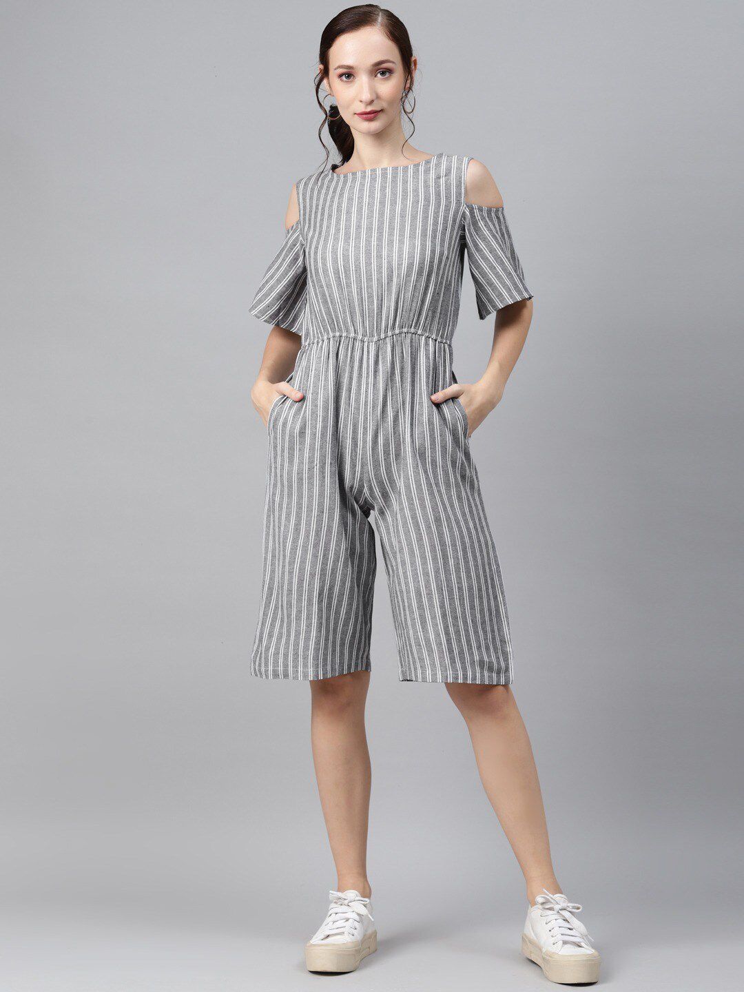 Cottinfab Grey & White Striped Capri Jumpsuit Price in India