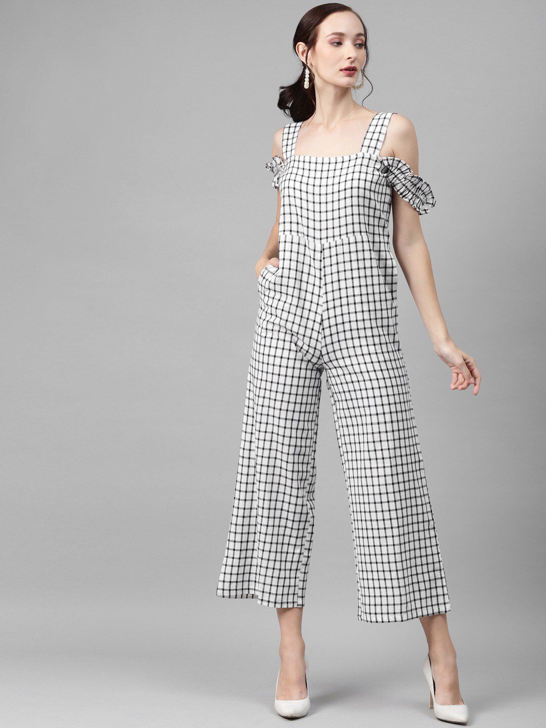 Cottinfab Women White & Black Checked Culottes Jumpsuit Price in India