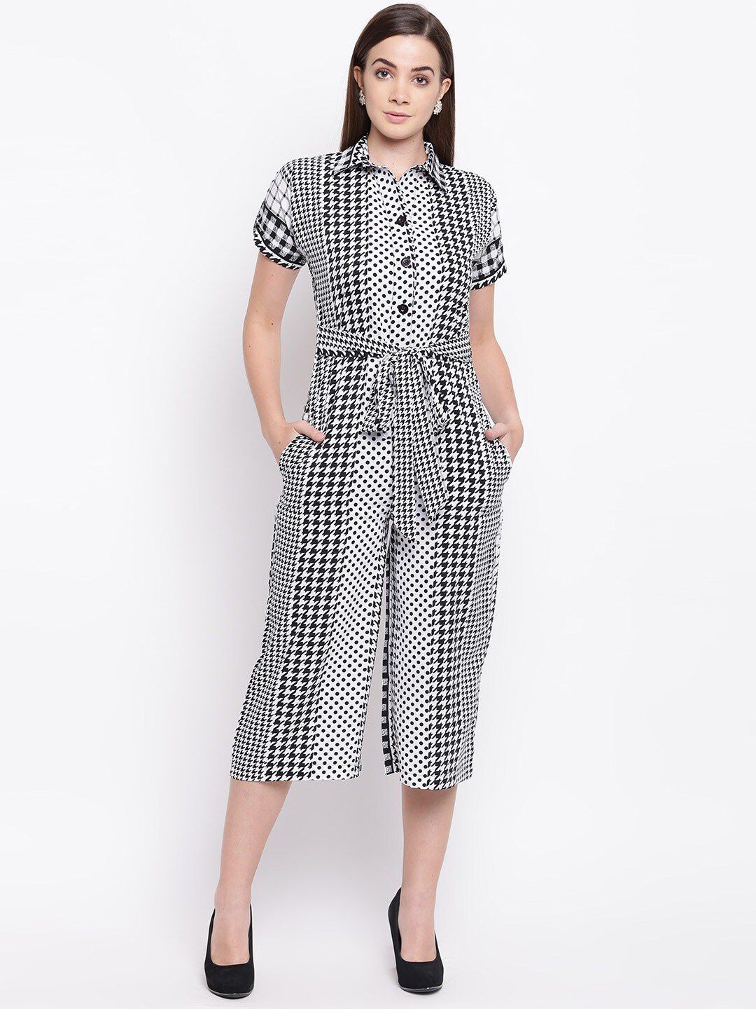 Cottinfab Black & White Printed Culotte Jumpsuit Price in India