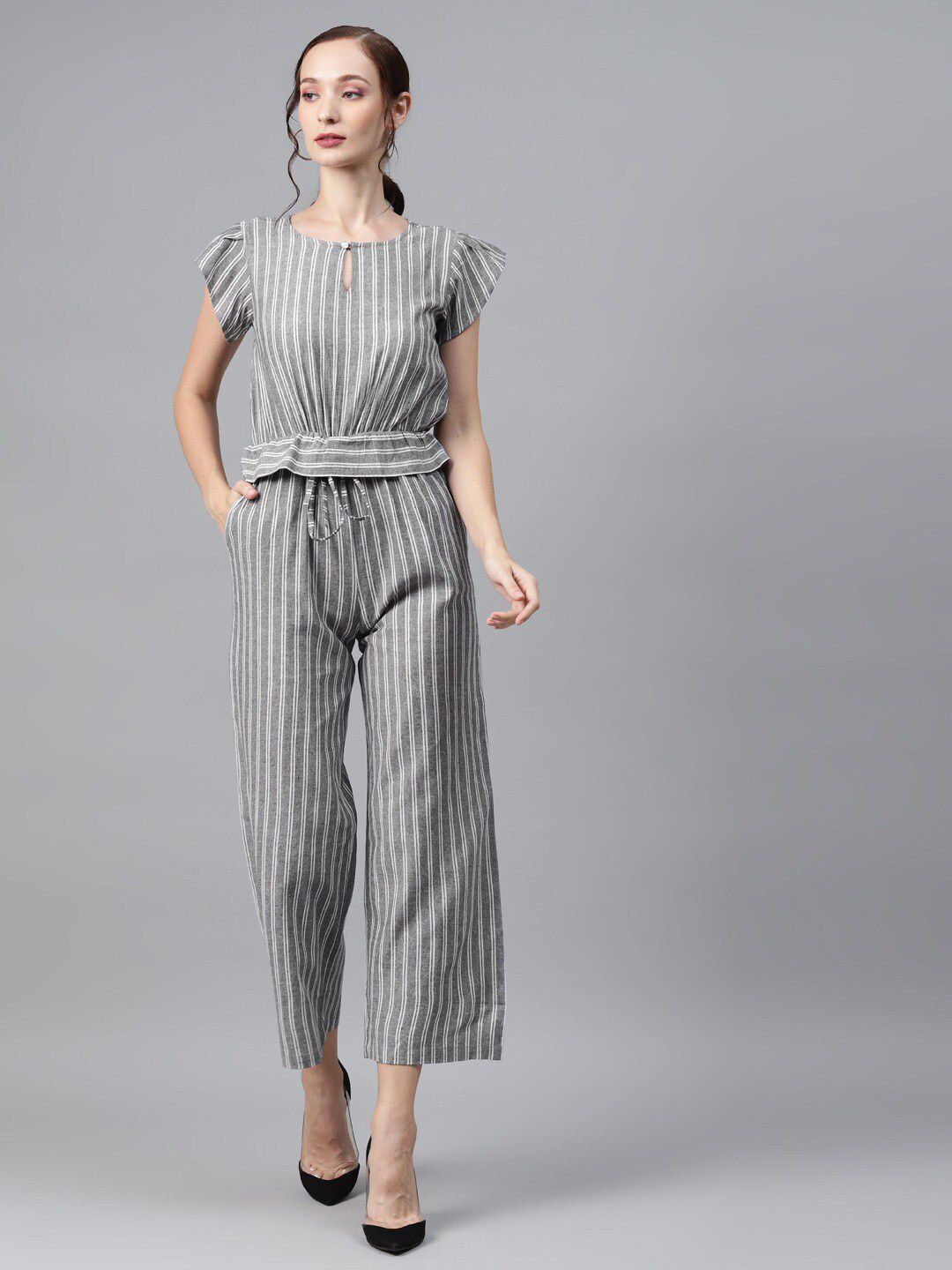 Cottinfab Grey & White Striped Culotte Jumpsuit Price in India