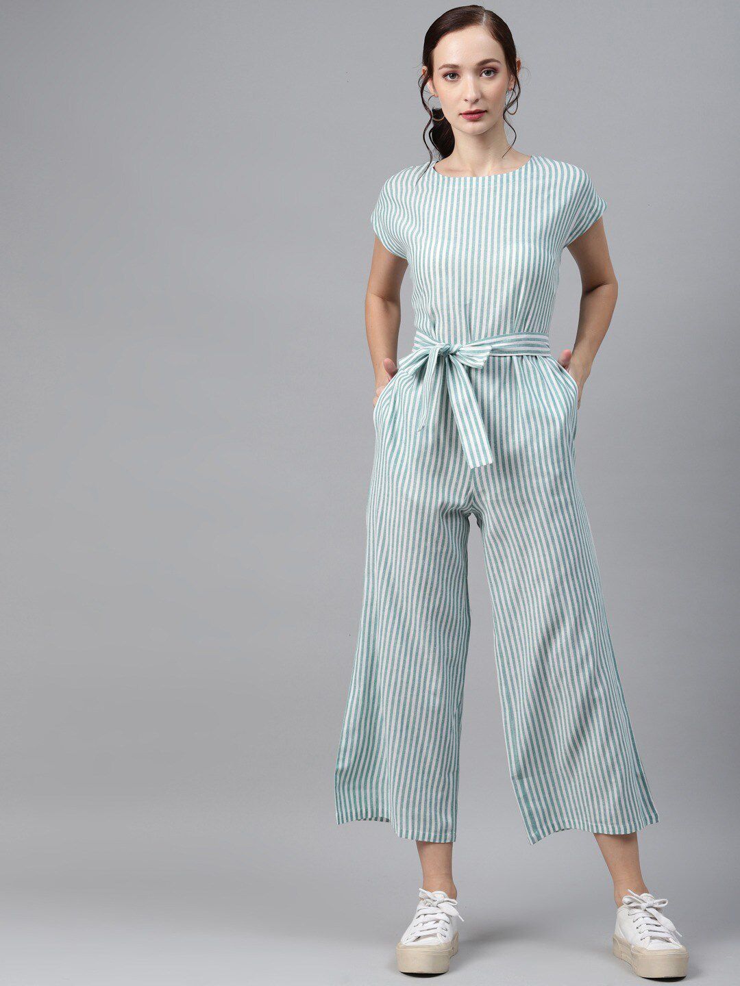 Cottinfab Women Green & White Striped Cotton Culotte Jumpsuit Price in India