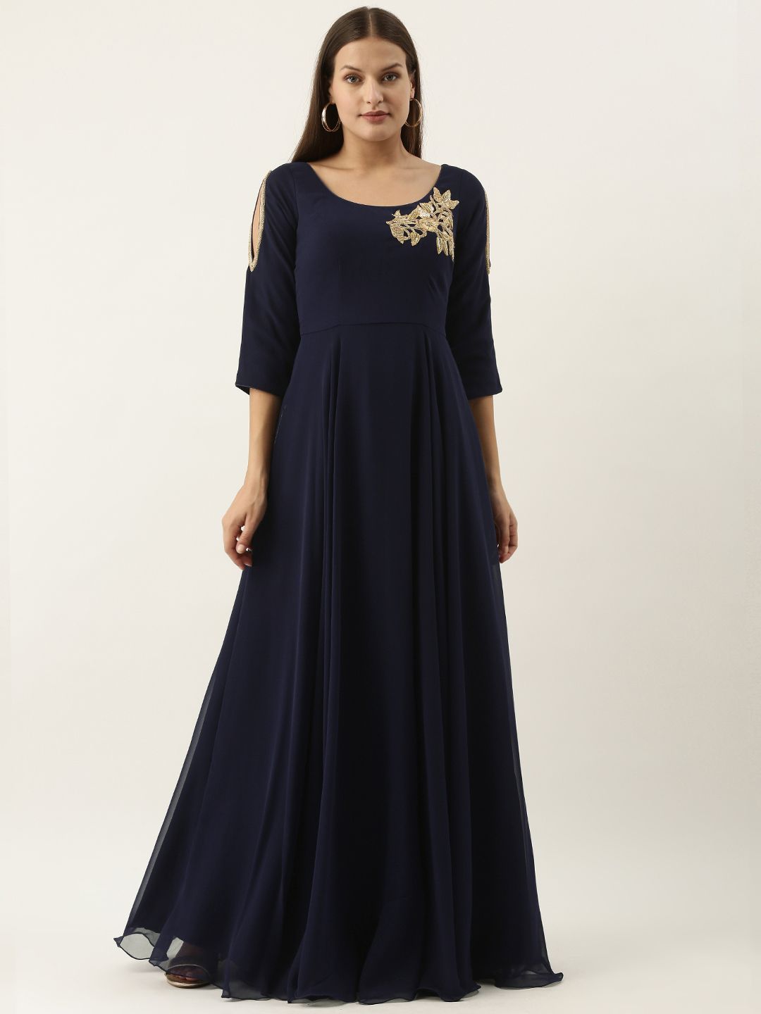 EthnoVogue Navy Blue Embellished Detail Georgette Maxi Dress Price in India