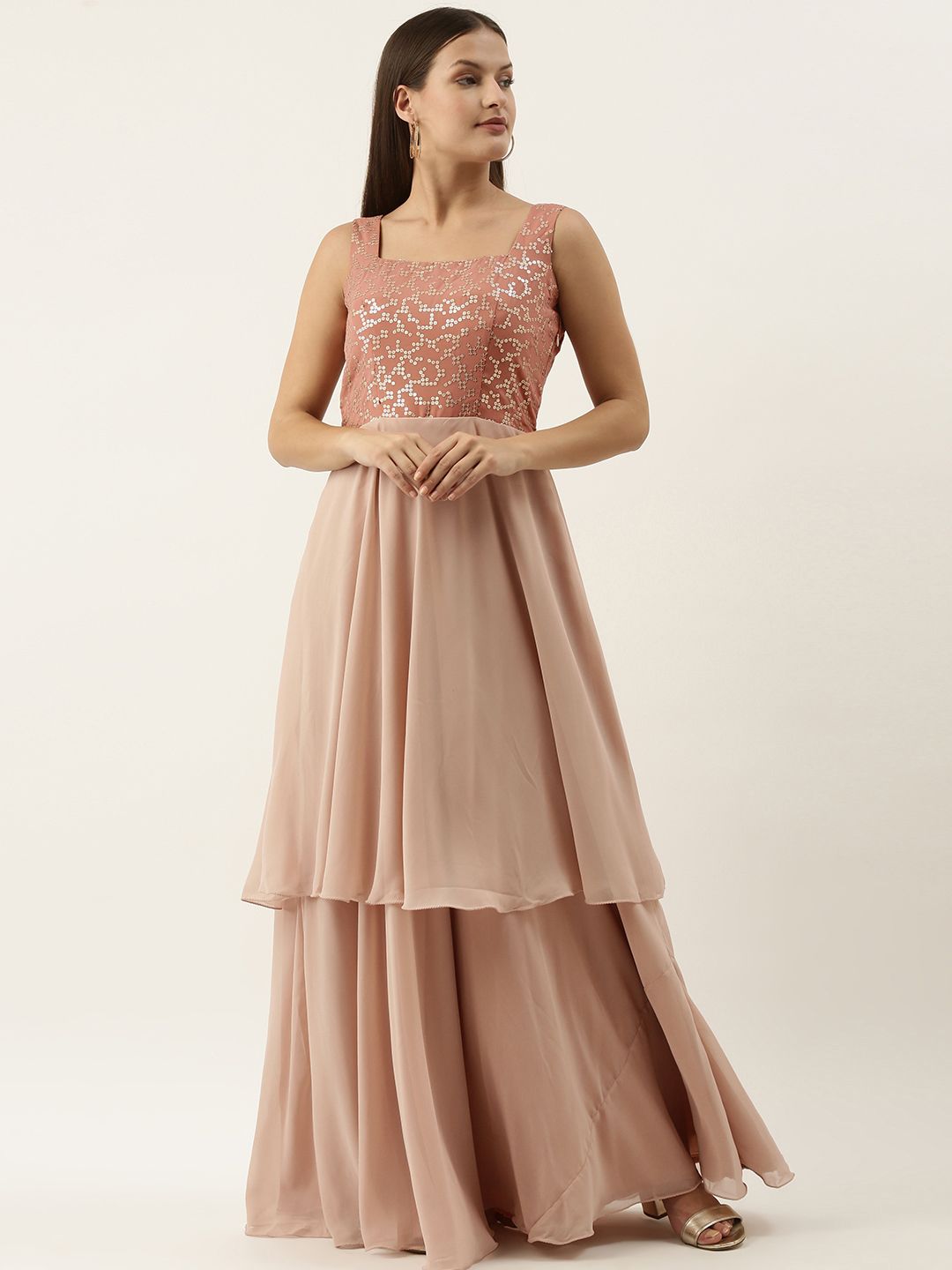 EthnoVogue Pink Embellished Layered Georgette Ethnic Maxi Dress Price in India