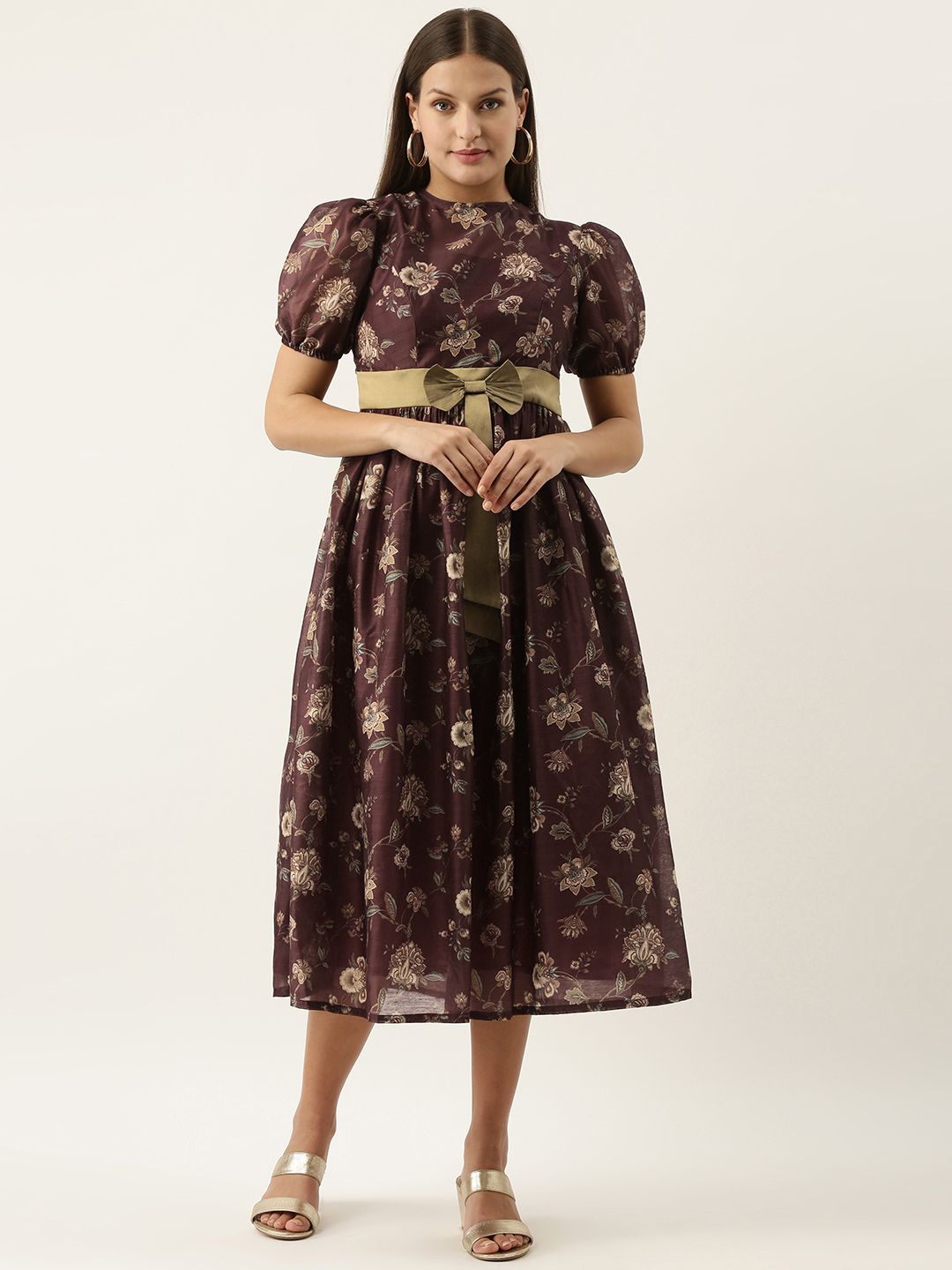 EthnoVogue Maroon & Beige Floral Printed A-Line Midi Dress Price in India