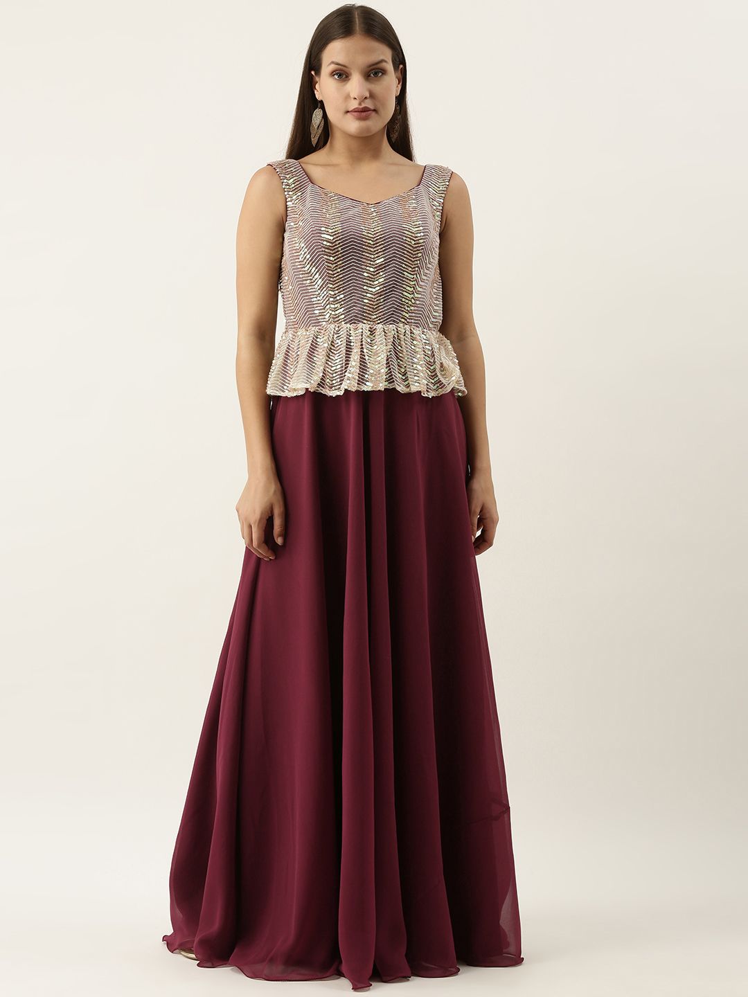 EthnoVogue Burgundy & White Colourblocked Georgette Ethnic Maxi Dress Price in India