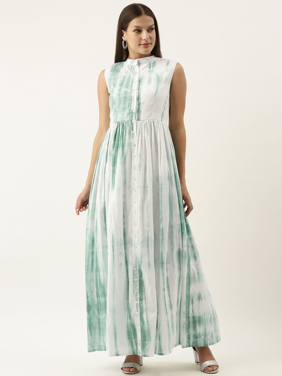 EthnoVogue Green & White Tie and Dyed Maxi Dress Price in India