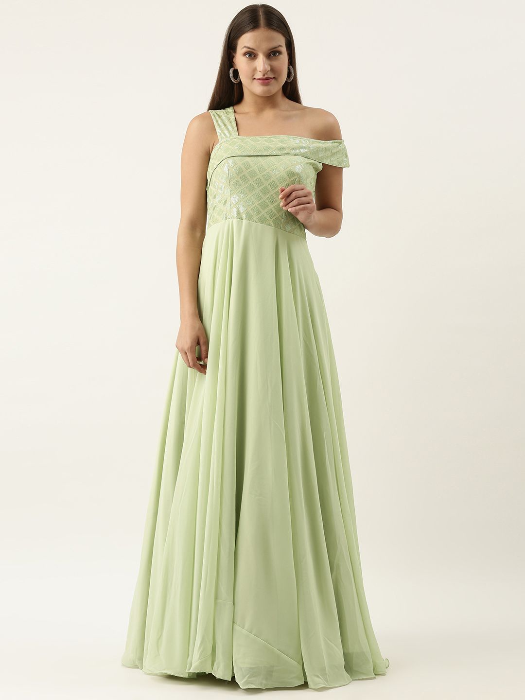 EthnoVogue Green Embellished One Shoulder Georgette Gown Price in India
