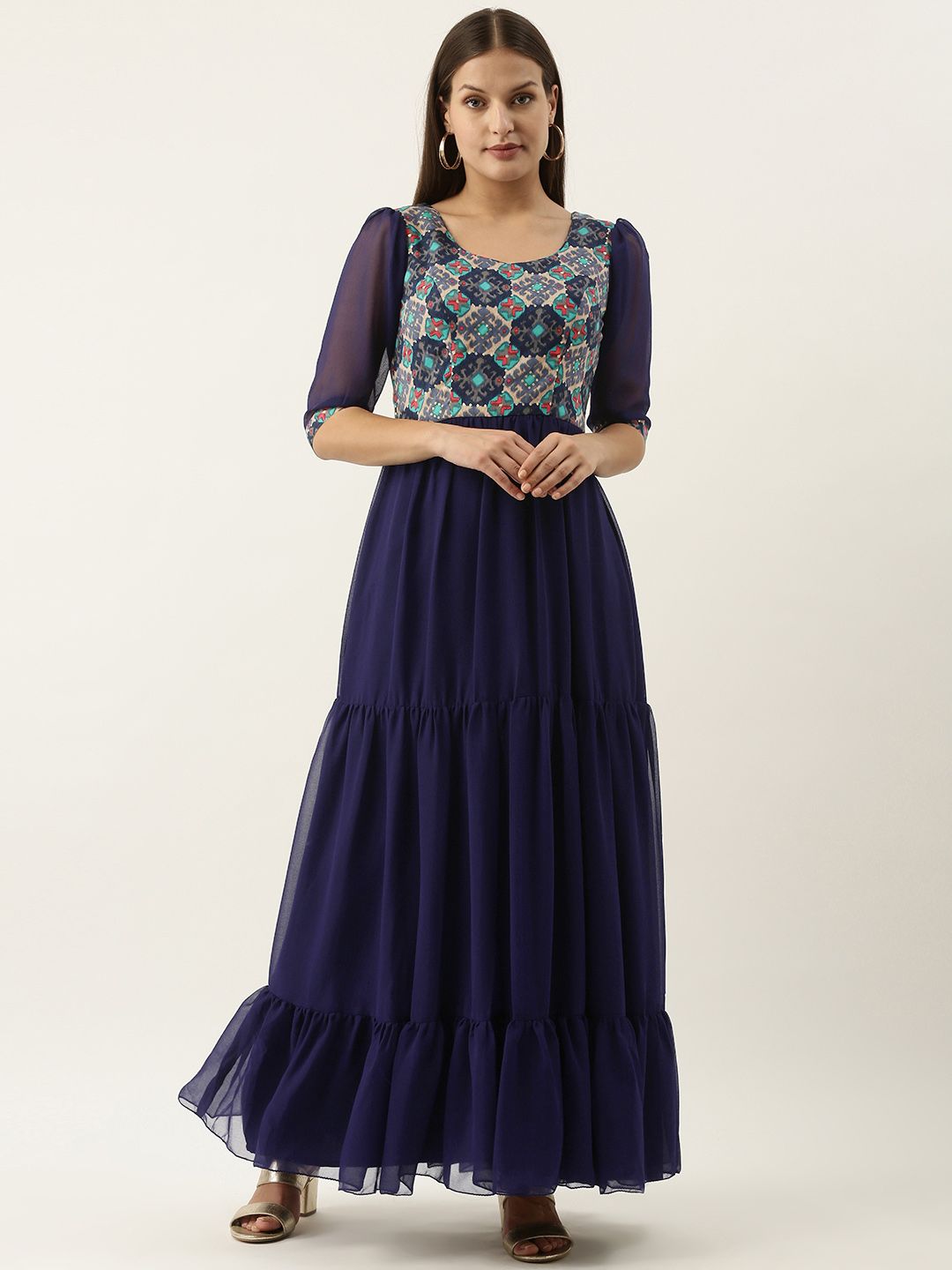 EthnoVogue Navy Blue Ethnic Design Georgette Maxi Dress Price in India