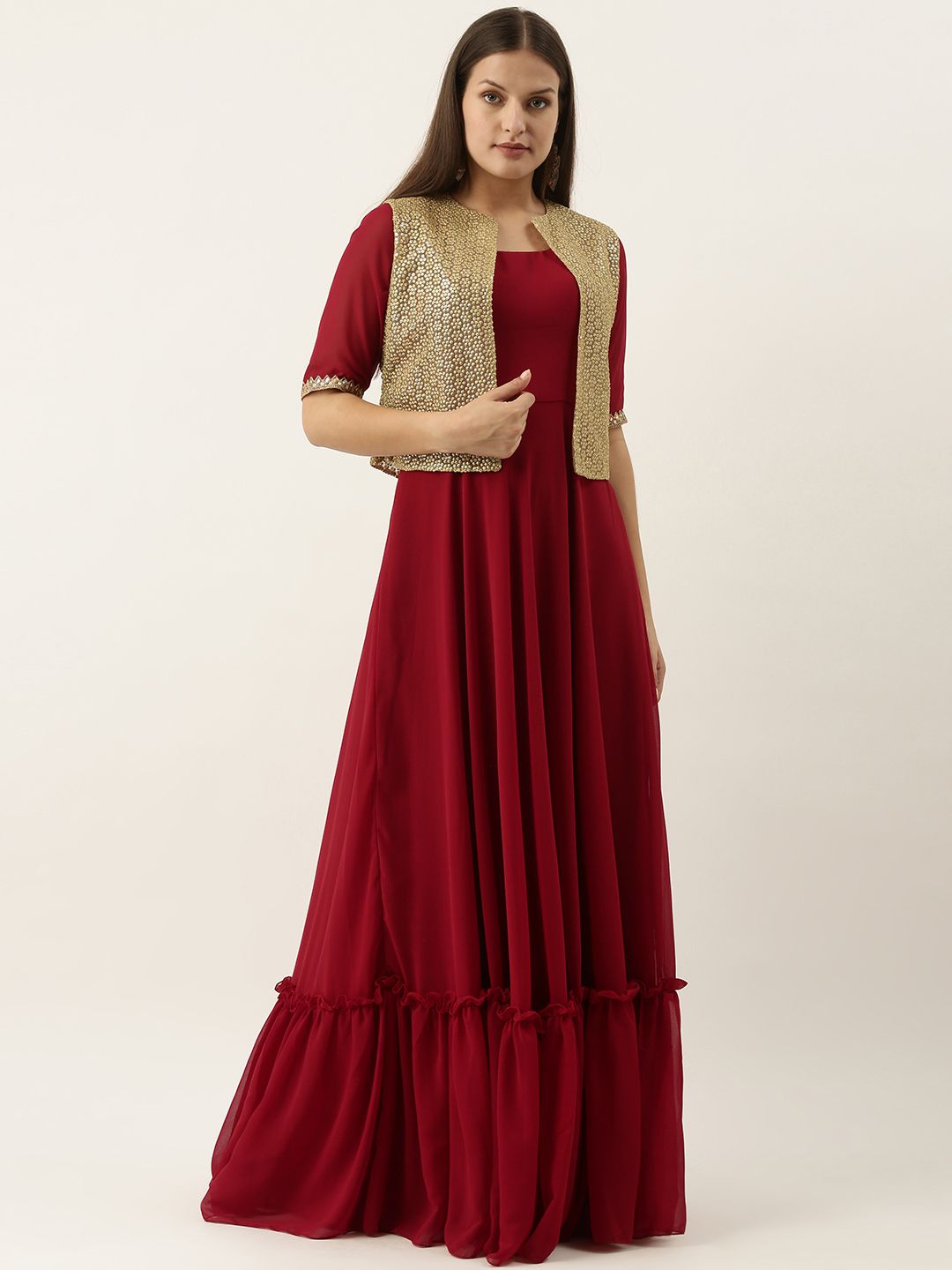 EthnoVogue Maroon & Golden Solid Georgette Ethnic Maxi Dress With Jacket Price in India