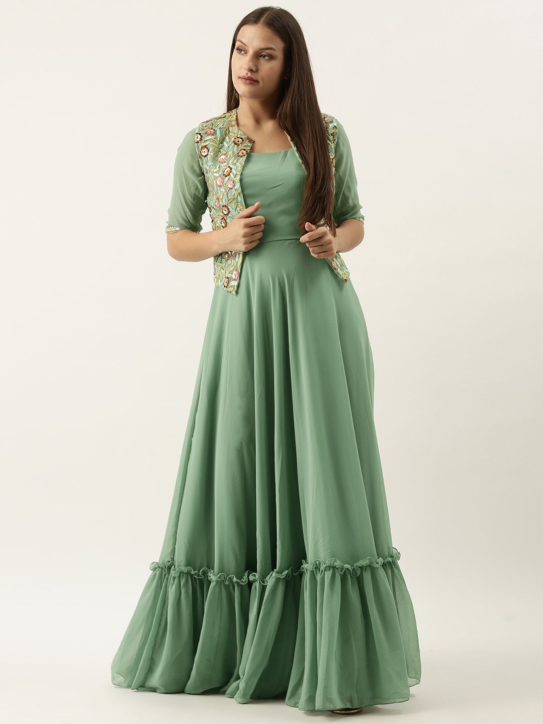EthnoVogue Green & Golden Solid Georgette Ethnic Maxi Dress With Jacket Price in India