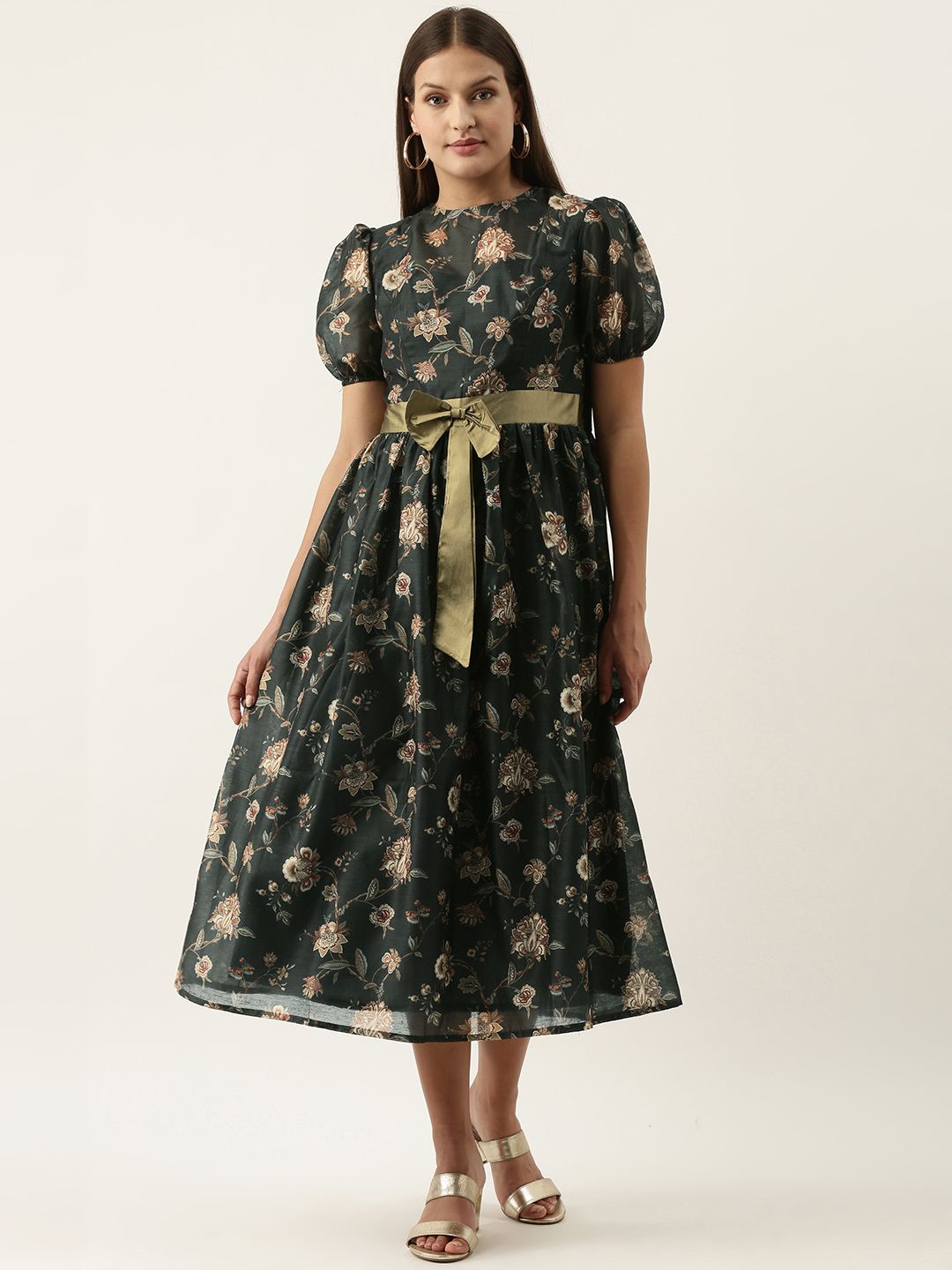EthnoVogue Green & Beige Floral Printed A-Line Midi Dress Price in India