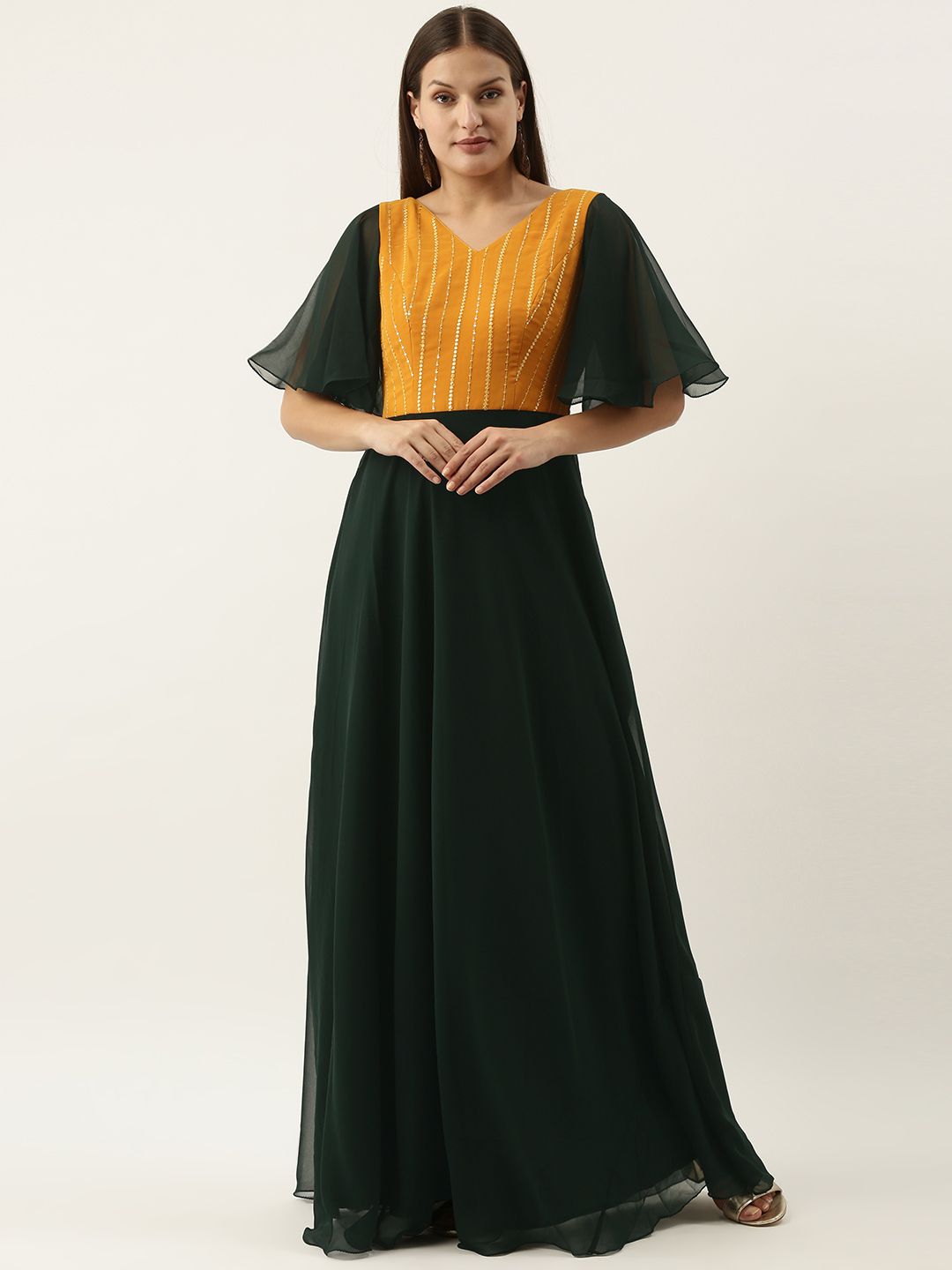 EthnoVogue Green & Mustard Yellow Colourblocked Georgette Ethnic Maxi Dress Price in India