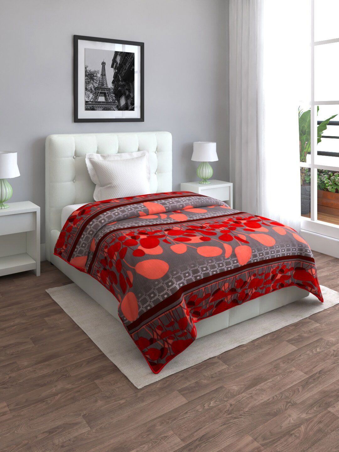 ROMEE Grey & Red Floral Mild Winter 200 GSM Single Bed Comforter Blanket Price in India