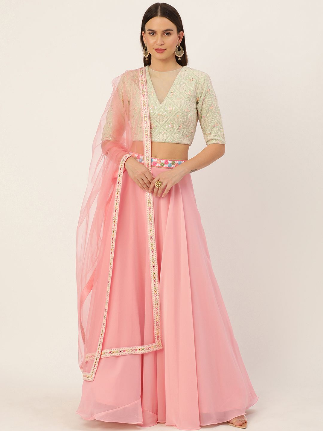 EthnoVogue Peach-Coloured & Green Embroidered Sequinned Made to Measure Lehenga & Blouse With Dupatta Price in India