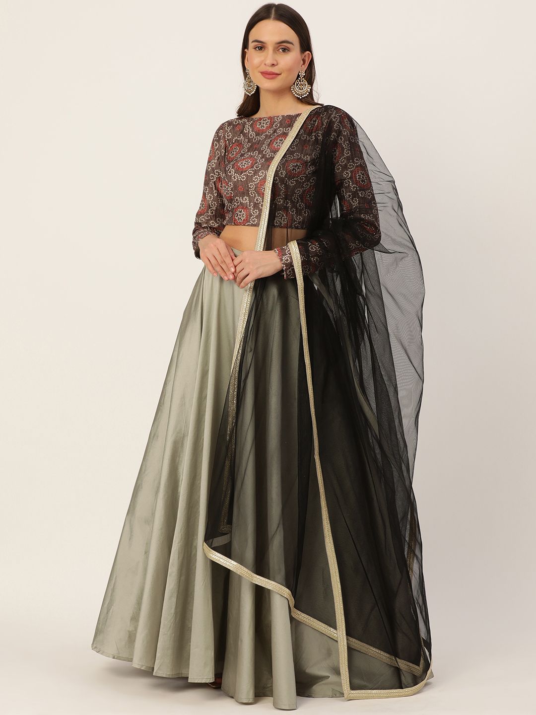EthnoVogue Grey & Coffee Brown Printed Made to Measure Lehenga & Blouse With Dupatta Price in India