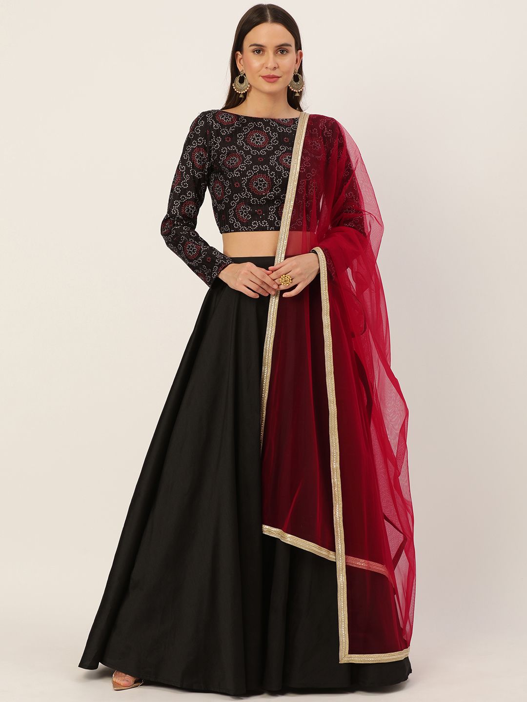 EthnoVogue Black & Red Digital Printed Made to Measure Lehenga & Blouse With Dupatta Price in India