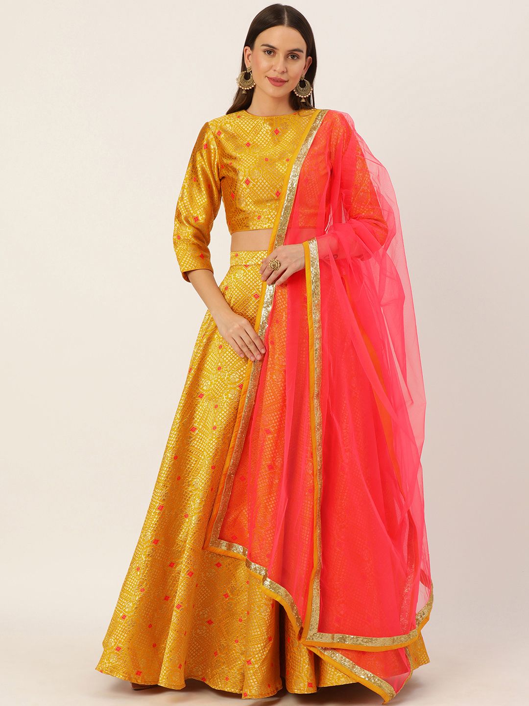 EthnoVogue Mustard & Pink Made to Measure Lehenga & Blouse With Dupatta Price in India