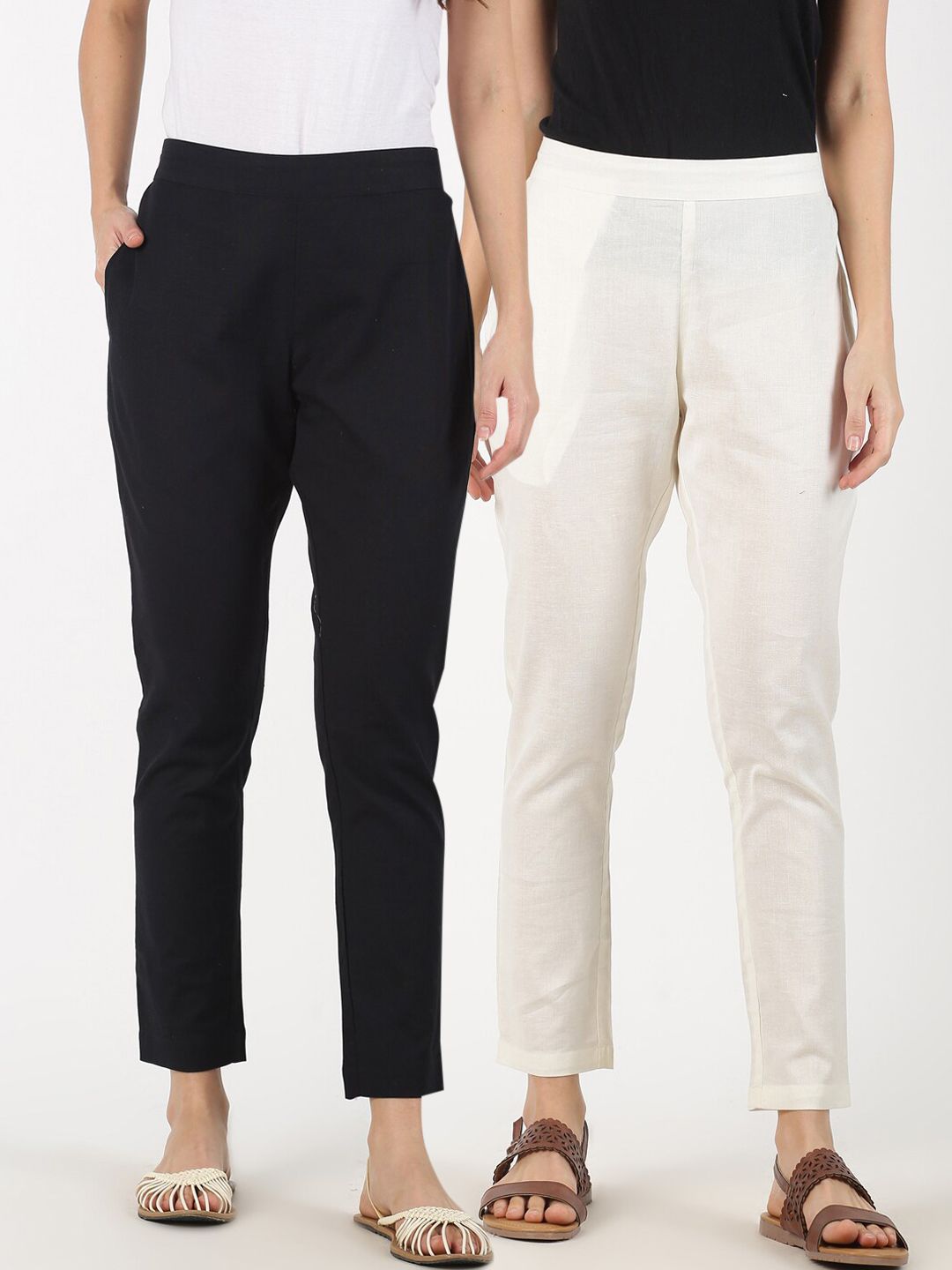 Saffron Threads Women Pack of 2 Black & White Trousers