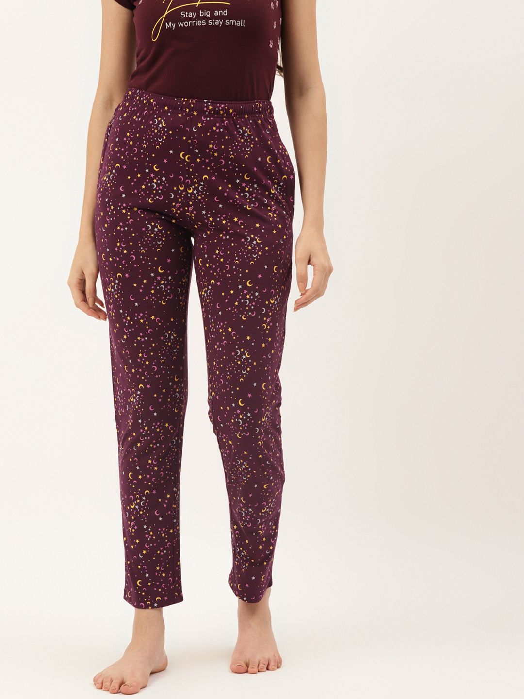 BROOWL Women Maroon & Yellow Printed Mid-Rise Pure Cotton Lounge Pants Price in India