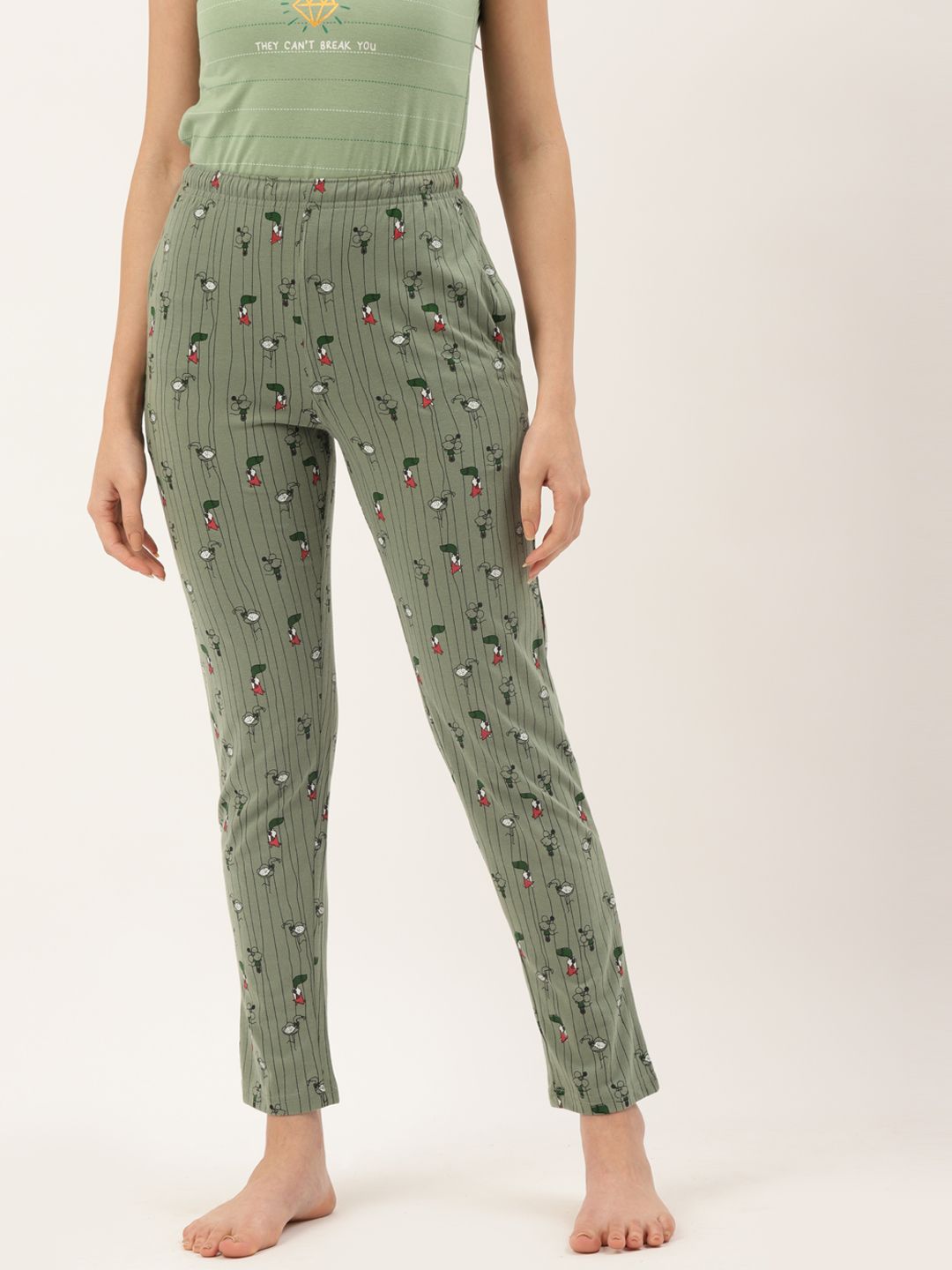 BROOWL Women Green Printed Mid-Rise Pure Cotton Lounge Pants Price in India