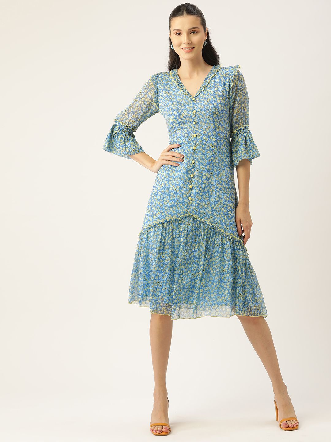 Antheaa Blue Floral Chiffon Midi Dress Price in India