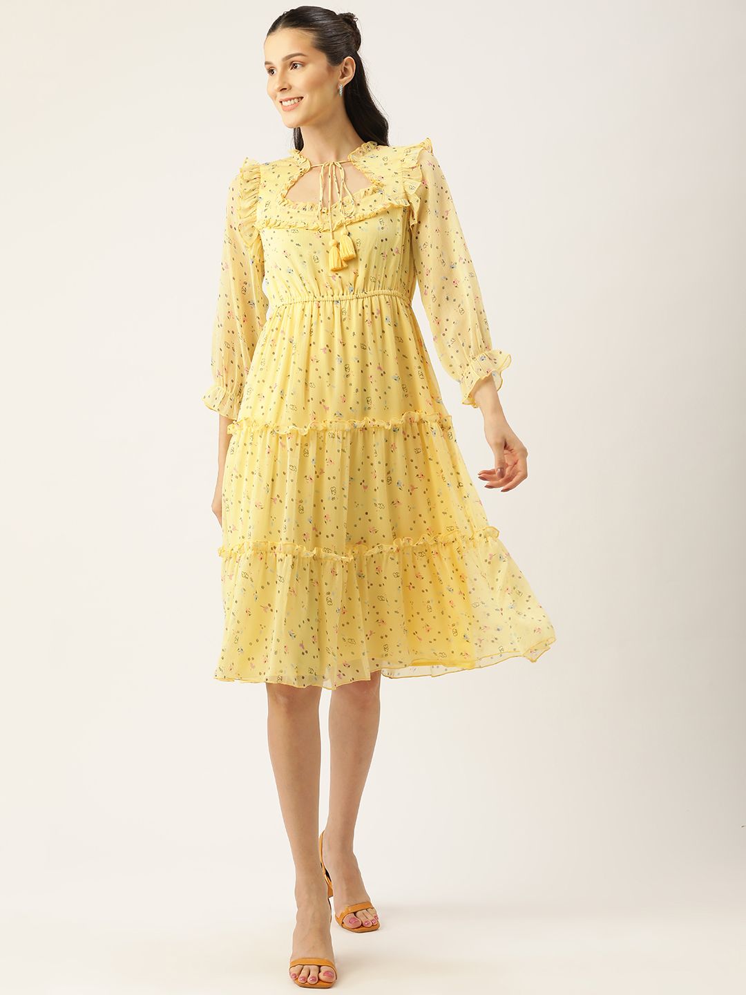 Antheaa Yellow Floral Chiffon Midi Dress Price in India